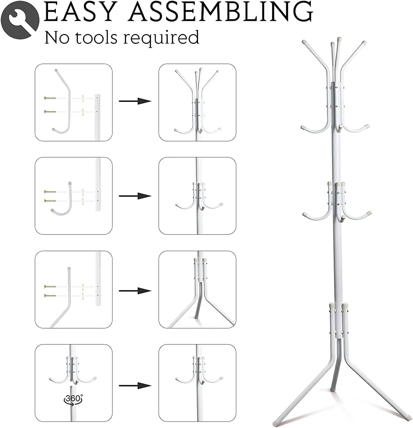 آویز لباس با 12 قلاب، چوب لباسی برای کلاه، کیف دستی، شال، عبا، ژاکت، چتر - پایه ایستاده برای اتاق خواب، خوابگاه، دفتر، راهرو (سفید)