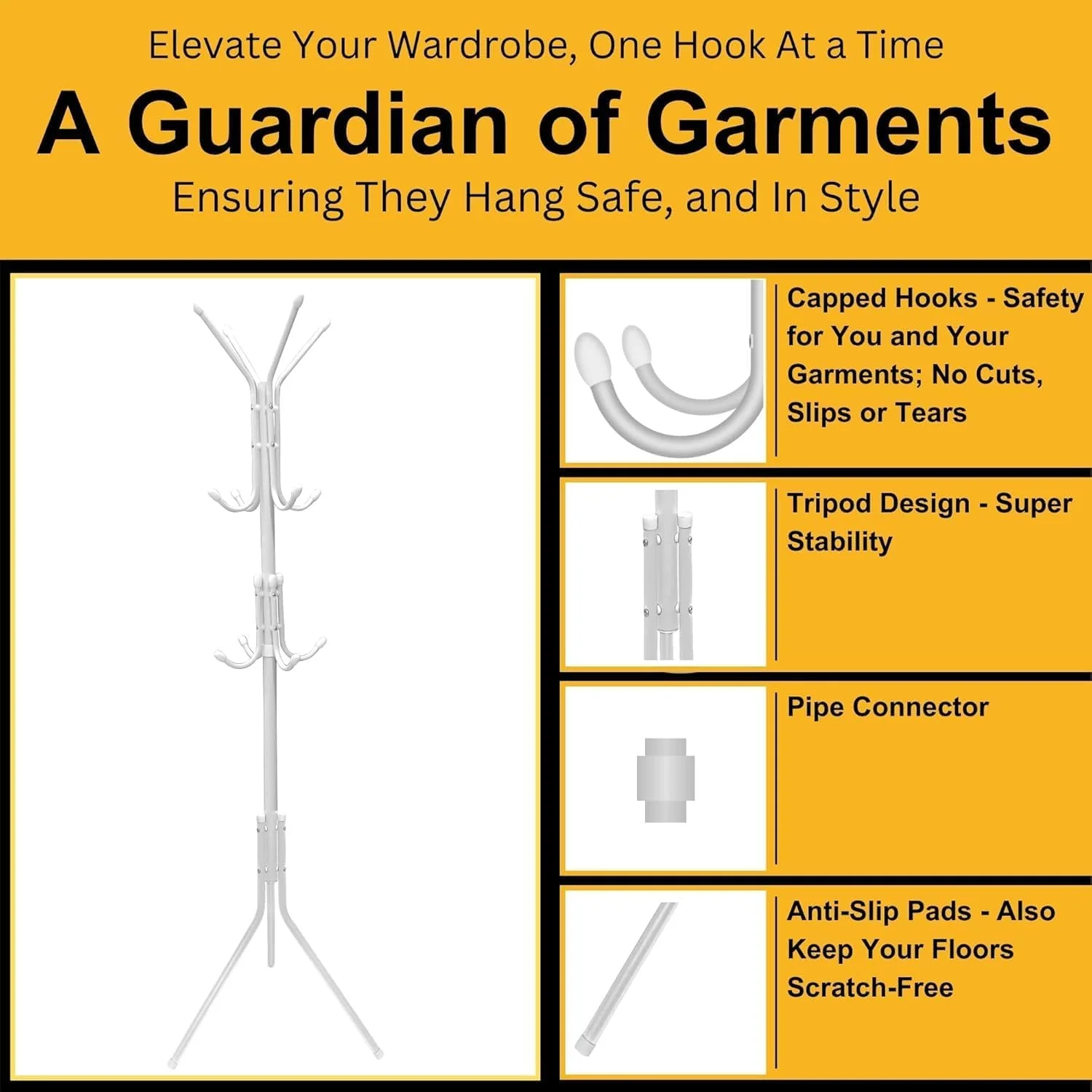 آویز لباس با 12 قلاب، چوب لباسی برای کلاه، کیف دستی، شال، عبا، ژاکت، چتر - پایه ایستاده برای اتاق خواب، خوابگاه، دفتر، راهرو (سفید)