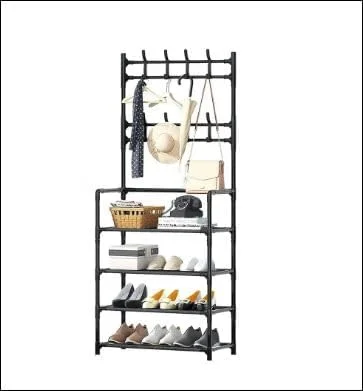 رگال لباس ایستاده ساده جدید. رگال لباس 4 طبقه با کابینت نظم دهنده کفش ورودی با 8 آویز، قفسه لوله فلزی برای نگهداری کفش، آویز لباس برای کلاه، اتاق نشیمن، اتاق خواب - مشکی