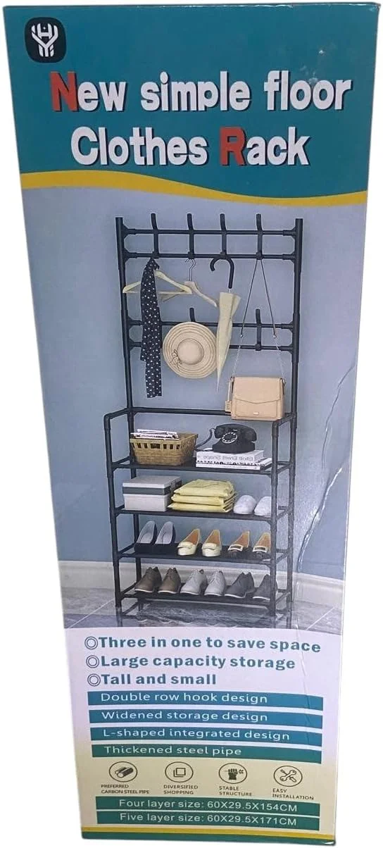 رگال لباس ایستاده ساده جدید. رگال لباس 4 طبقه با کابینت نظم دهنده کفش ورودی با 8 آویز، قفسه لوله فلزی برای نگهداری کفش، آویز لباس برای کلاه، اتاق نشیمن، اتاق خواب - مشکی