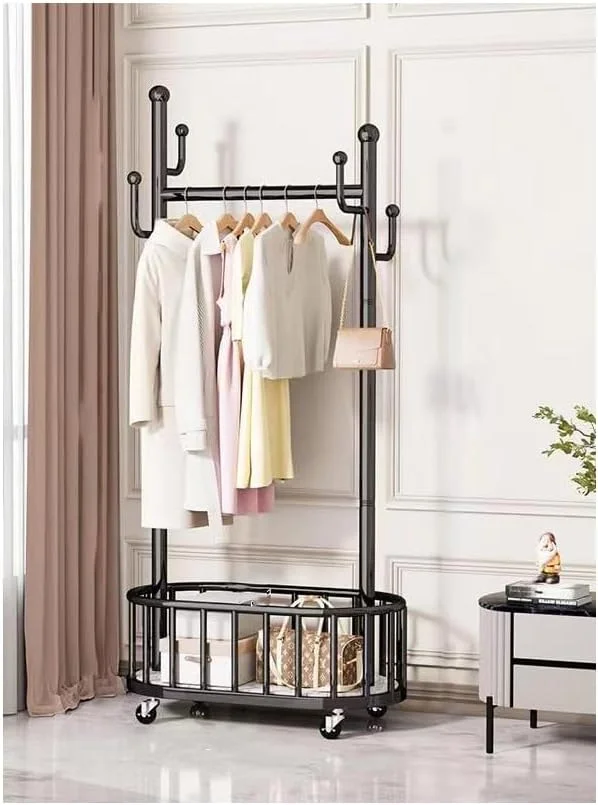 رگال لباس مشکی با چرخ و سبد ذخیره سازی، رگال لباس متحرک فلزی، استند رخت آویز مدرن برای آویزان کردن لباس، مناسب اتاق خواب و بوتیک، رخت آویز مقاوم
