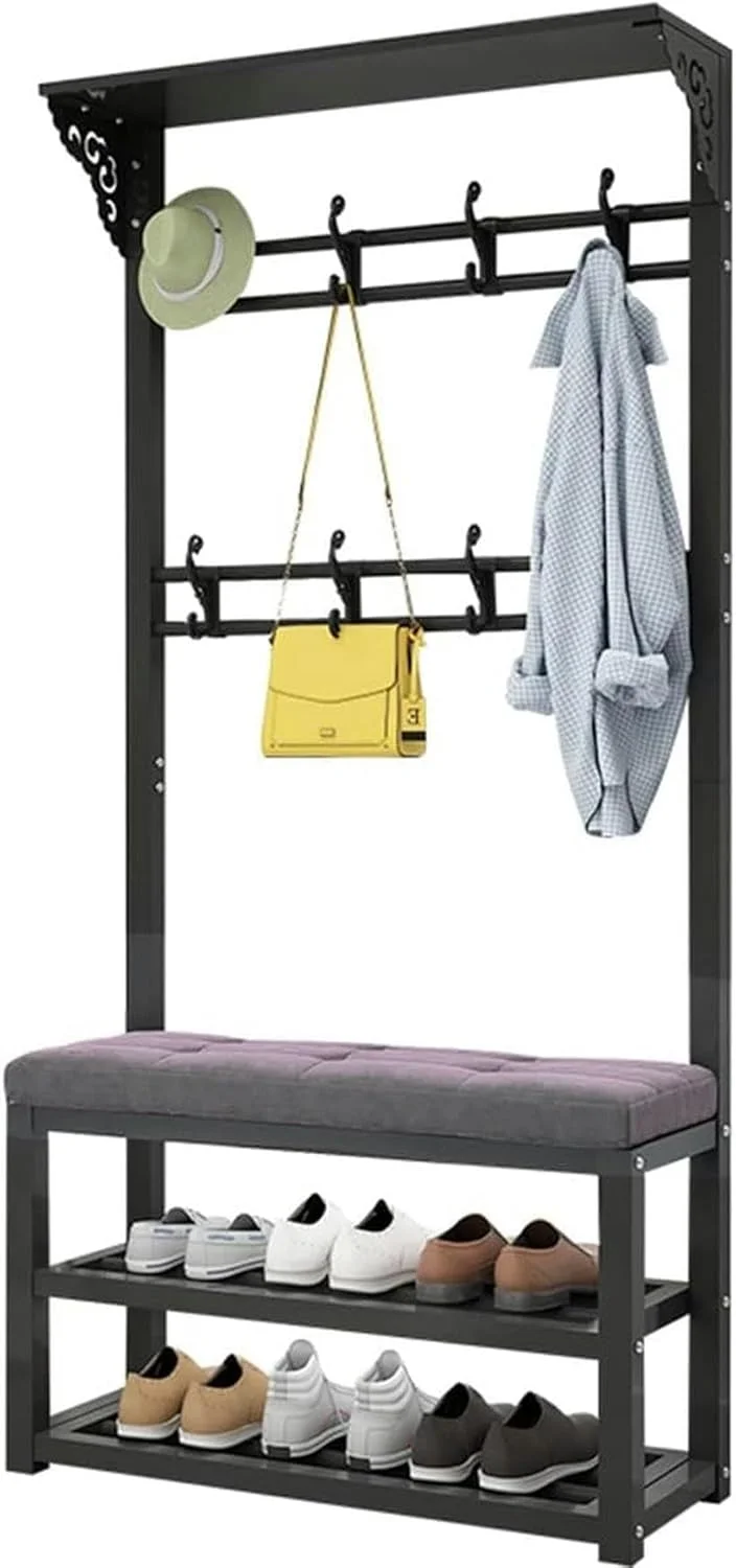 رخت آویز فلزی برای لباس، رخت آویز، چوب لباسی، جاکفشی، طراحی بن 3 با قلاب، قفسه، سازمان دهنده ورودی، لابی، راهرو، صنعتی (مشکی طوسی - 80X30X172 سانتی متر)
