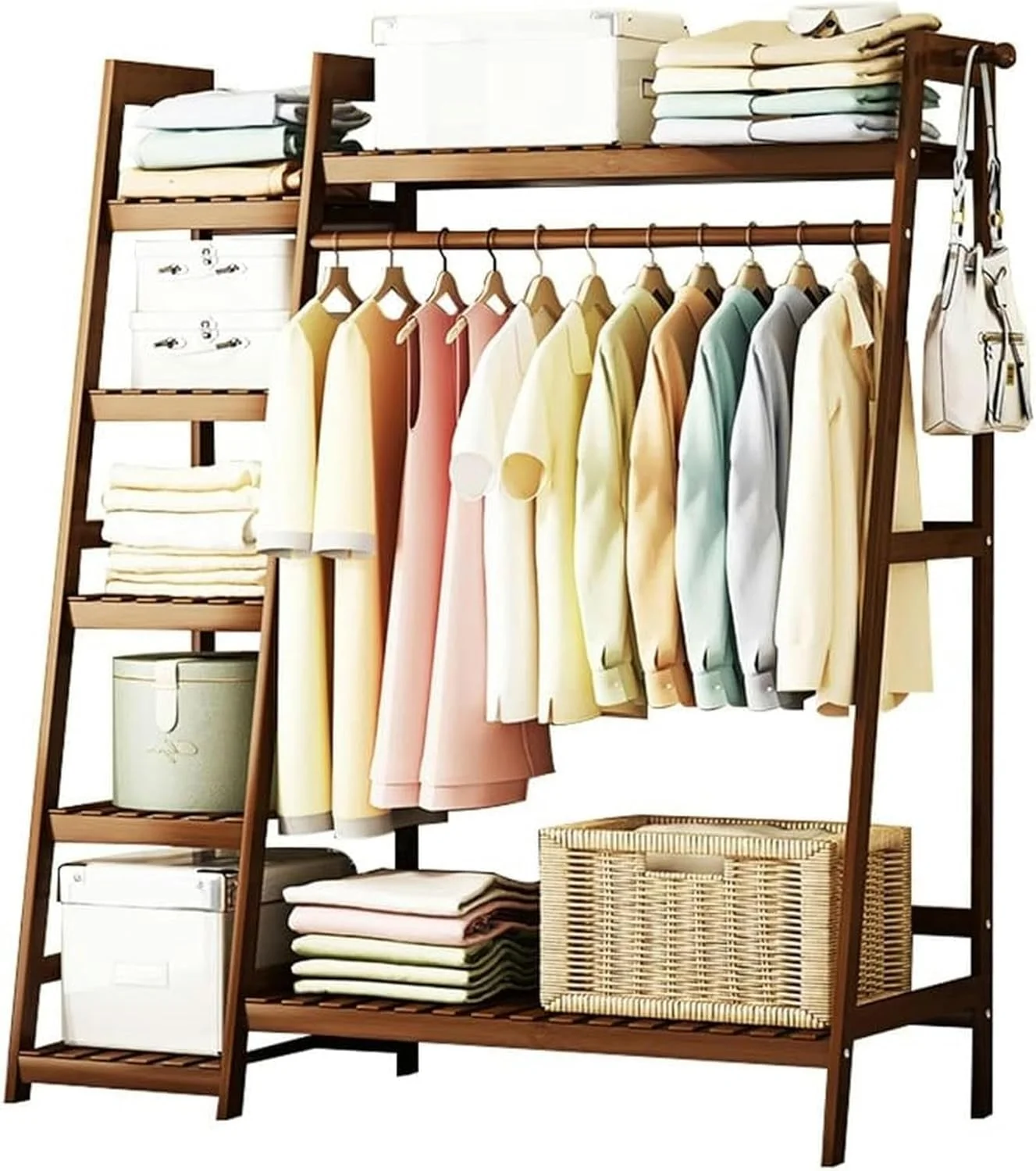 چوب لباسی بامبو برای لباس، آویز لباس، جاکفشی، کمد با 5 طبقه ذخیره سازی و 2 قلاب برای ورودی و راهرو. (تک رنگ - 100X42X140Cm)