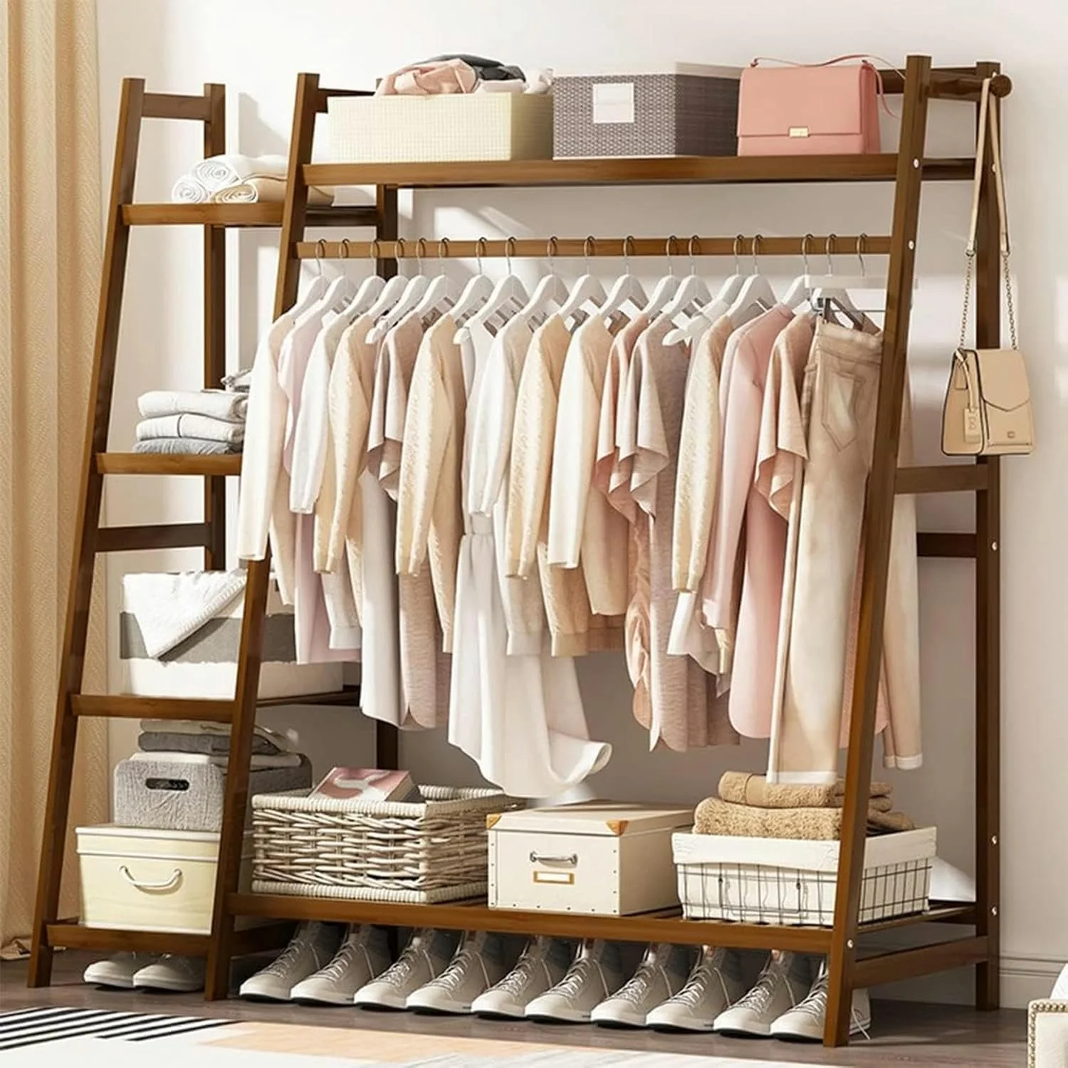 چوب لباسی بامبو برای لباس، آویز لباس، جاکفشی، کمد با 5 طبقه ذخیره سازی و 2 قلاب برای ورودی و راهرو. (تک رنگ - 100X42X140Cm) چوب لباسی بامبو برای لباس، آویز لباس، جاکفشی، کمد با 5 طبقه ذخیره سازی و 2 قلاب برای ورودی و راهرو. (تک رنگ - 100X42X140Cm)