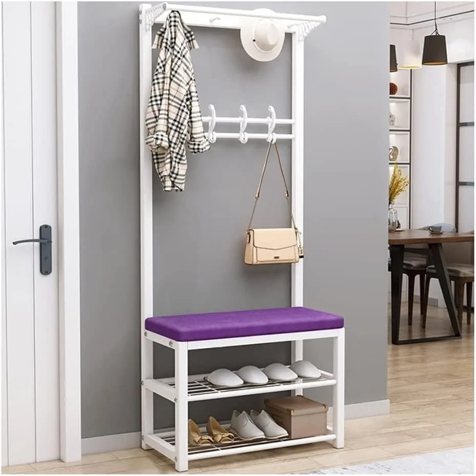 جالباسی ایستاده با نیمکت کفش - 12 آویز برای نگهداری در ورودی راهرو - قاب فلزی محکم چند منظوره برای کت، کلاه و کفش - طراحی صرفه جویی در فضا (بنفش - 100 * 33 * 170 سانتی متر)