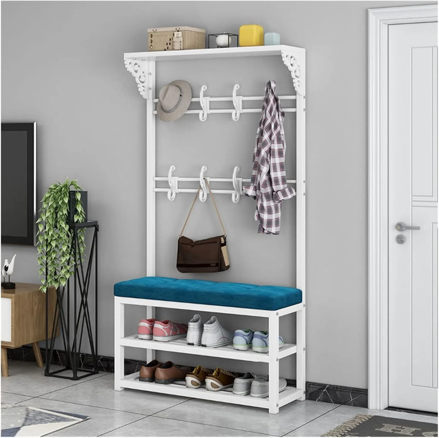 جالباسی ایستاده 3 در 1 با نیمکت جاکفشی و 8 آویز - قفسه فلزی برای ورودی راهرو و اتاق خواب - سفید (60X30X172 سانتی متر / 80X30X172 سانتی متر)