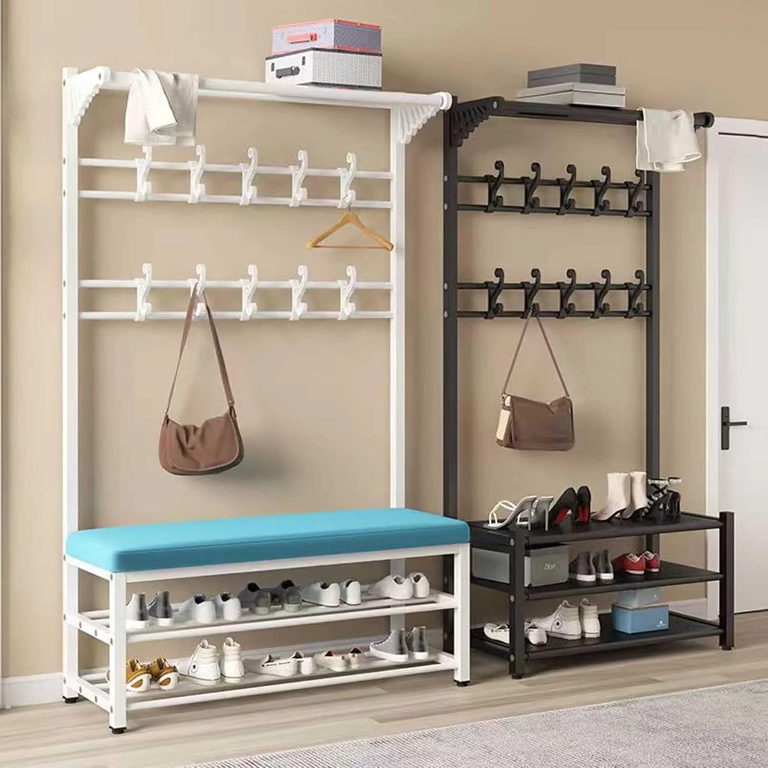 جالباسی ایستاده با نیمکت کفش - 12 آویز برای نگهداری در ورودی راهرو - قاب فلزی محکم چند منظوره برای کت، کلاه و کفش - طراحی صرفه جویی در فضا (بنفش - 100 * 33 * 170 سانتی متر)