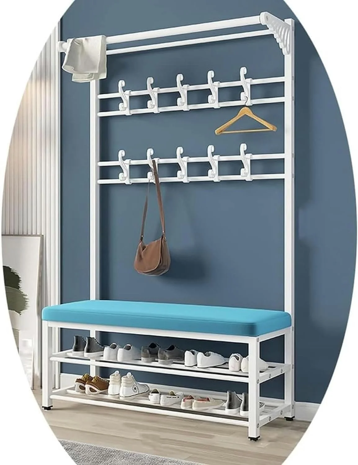 رخت آویز راهرو، پرسر با جاکفشی، رخت آویز ورودی، رخت آویز با قلاب برای قفسه نگهداری، ریل بالایی، سالن، اتاق خواب، آپارتمان، صنعتی، نصب آسان (سفید آبی - 79X30X175 سانتی متر)