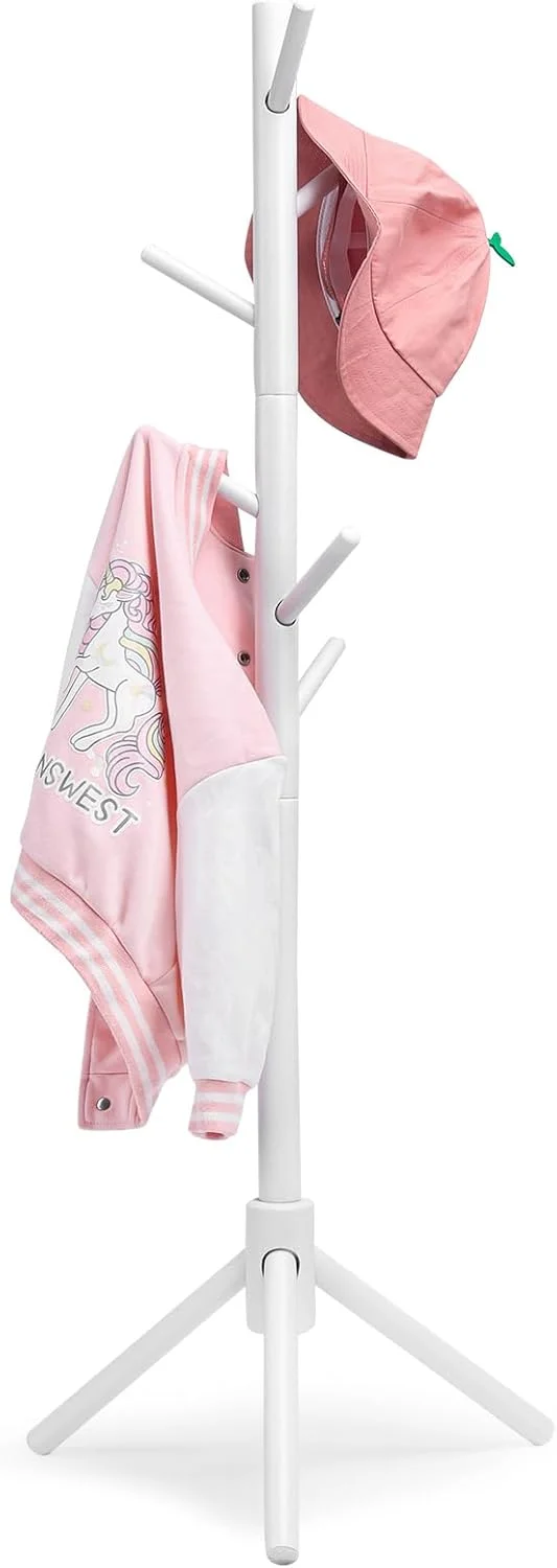 جالباسی ایستاده چوبی کودک، جالباسی قابل تنظیم ارتفاع با ۹ آویز برای لباس، کلاه و کیف دستی، مناسب راهرو، ورودی و اتاق خواب (سفید)، CL006