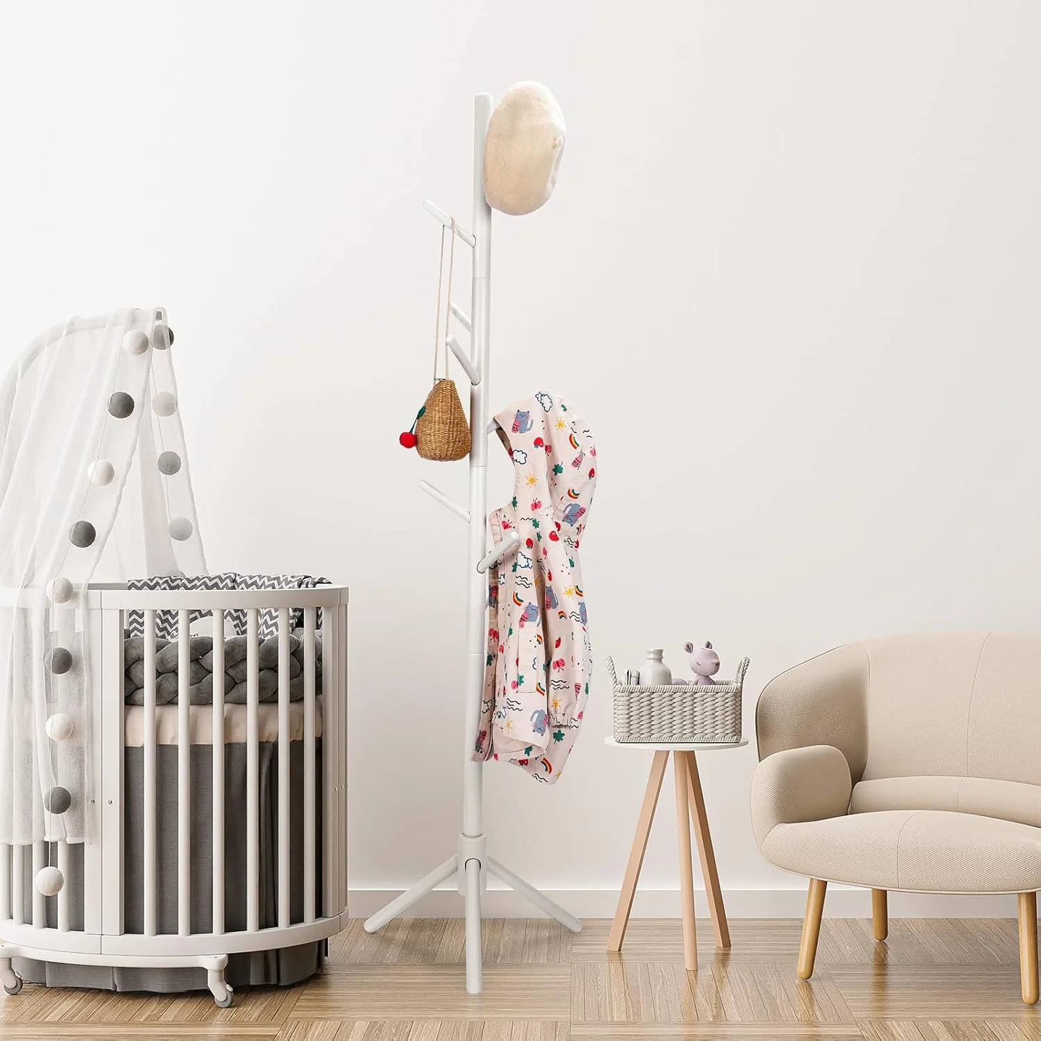 جالباسی ایستاده چوبی کودک، جالباسی قابل تنظیم ارتفاع با ۹ آویز برای لباس، کلاه و کیف دستی، مناسب راهرو، ورودی و اتاق خواب (سفید)، CL006