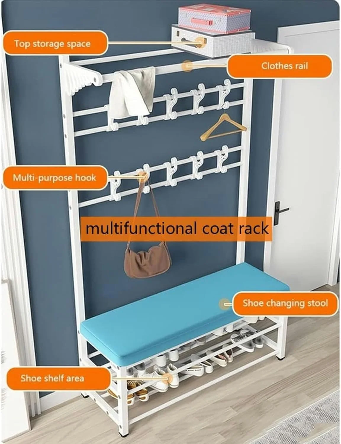 رخت آویز راهرو، پرسر با جاکفشی، رخت آویز ورودی، رخت آویز با قلاب برای قفسه نگهداری، ریل بالایی، سالن، اتاق خواب، آپارتمان، صنعتی، نصب آسان (سفید آبی - 79X30X175 سانتی متر)