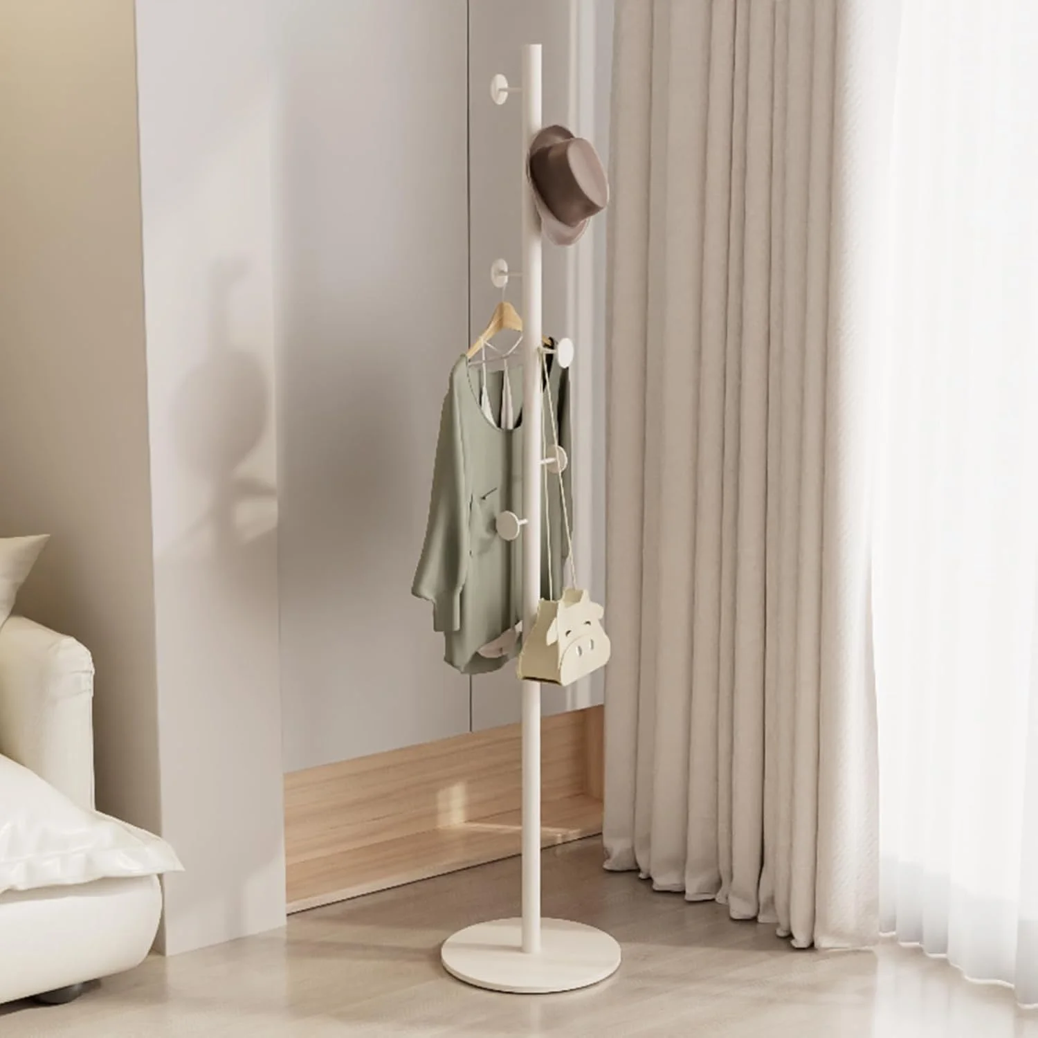 رخت آویز ایستاده دایونگ با قلاب، رخت آویز چند منظوره فلزی لباس، پایه گرد ثابت برای لباس، کیف، کلاه، روسری، کوله پشتی در اتاق خواب راهرو ورودی دفتر (سفید)