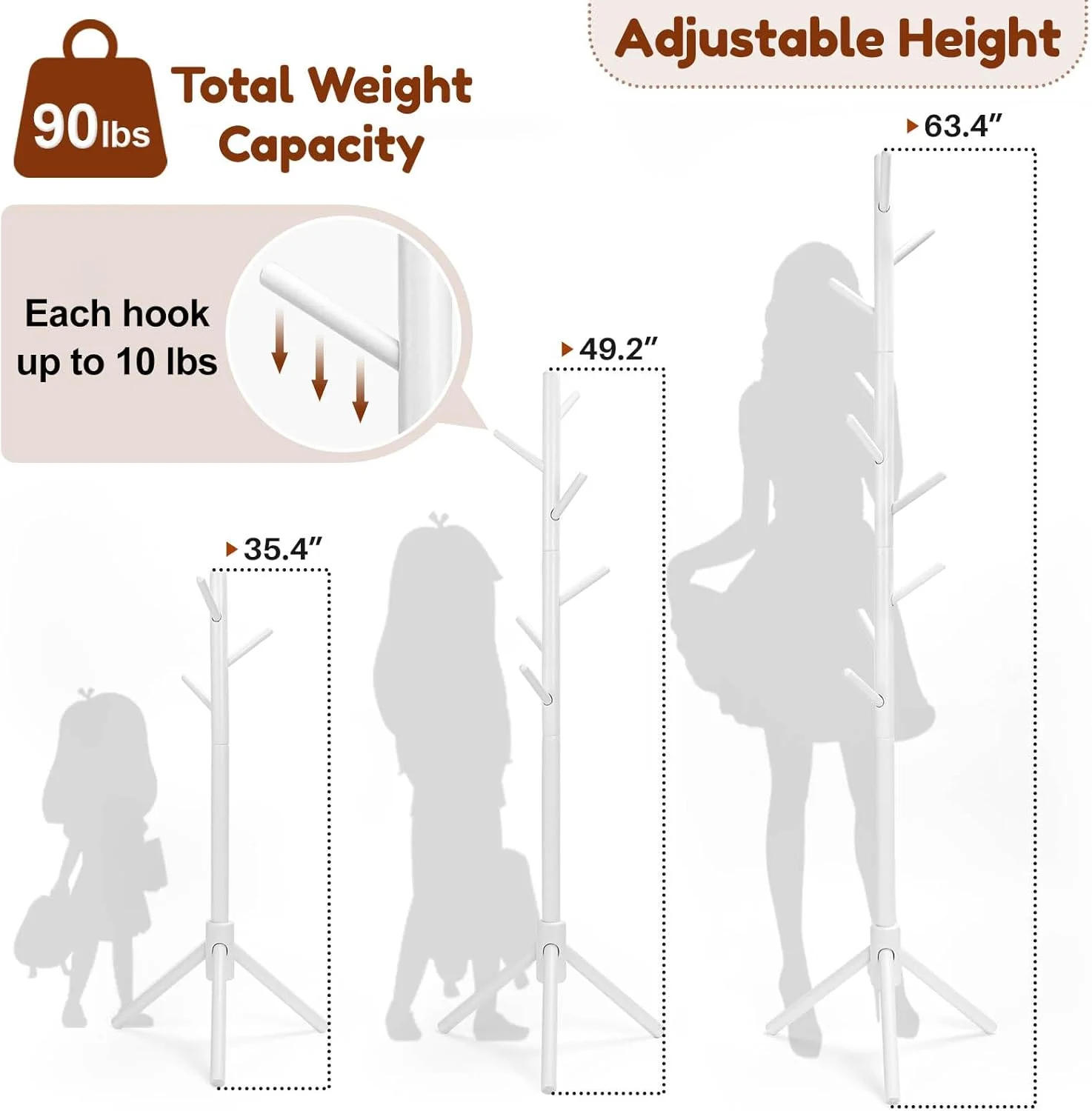 جالباسی ایستاده چوبی کودک، جالباسی قابل تنظیم ارتفاع با ۹ آویز برای لباس، کلاه و کیف دستی، مناسب راهرو، ورودی و اتاق خواب (سفید)، CL006