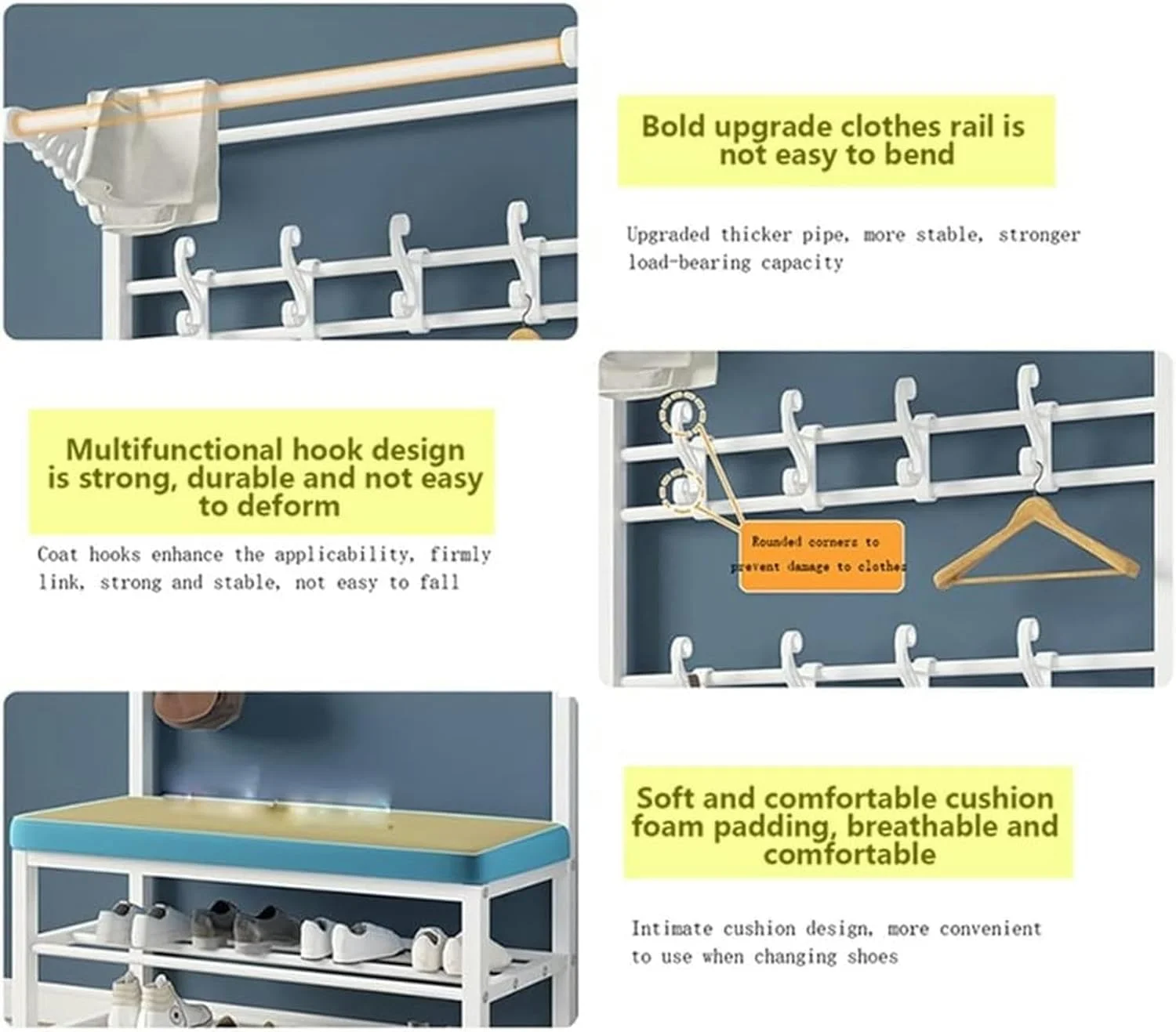 رخت آویز راهرو، پرسر با جاکفشی، رخت آویز ورودی، رخت آویز با قلاب برای قفسه نگهداری، ریل بالایی، سالن، اتاق خواب، آپارتمان، صنعتی، نصب آسان (سفید آبی - 79X30X175 سانتی متر)