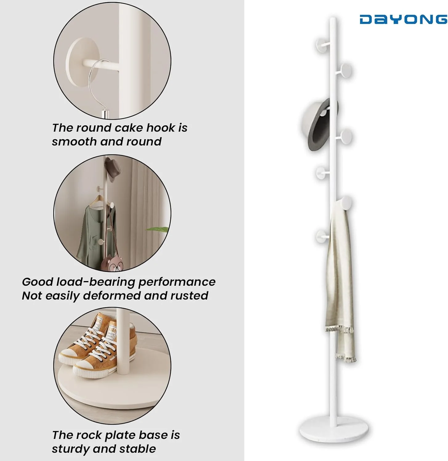 رخت آویز ایستاده دایونگ با قلاب، رخت آویز چند منظوره فلزی لباس، پایه گرد ثابت برای لباس، کیف، کلاه، روسری، کوله پشتی در اتاق خواب راهرو ورودی دفتر (سفید)
