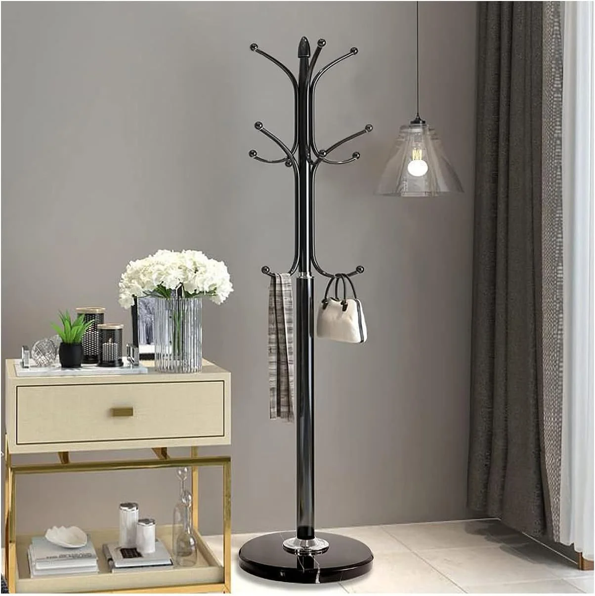 جالباسی فلزی ایستاده دسالو با 12 آویز برای آویزان کردن شال، کیف، ژاکت، آویز کلاه برای ورودی منزل (مشکی)