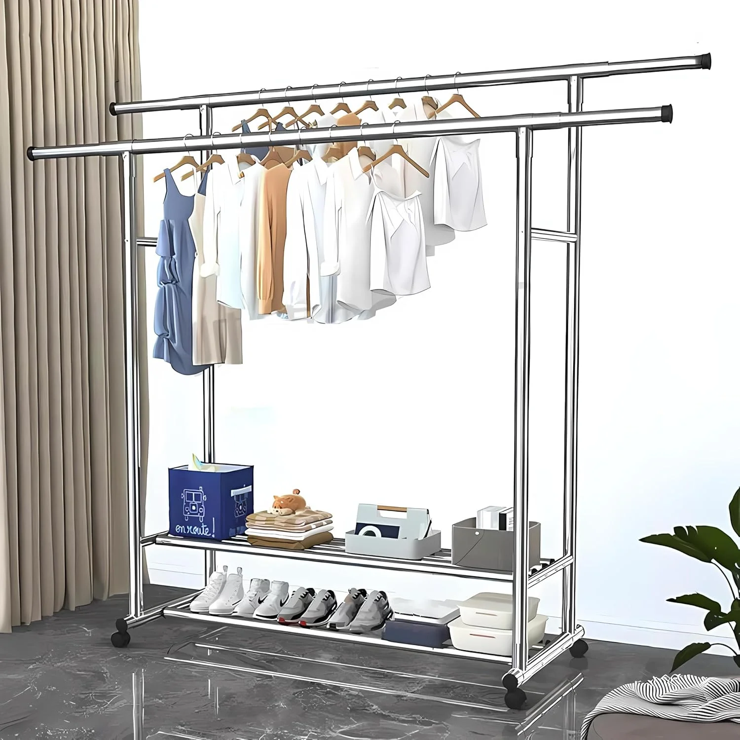 رگال لباس قابل گسترش، با چرخ، رگال آویز لباس، میله دوتایی تلسکوپی، ریل لباس چرخ دار مستقل با قفسه ذخیره سازی، نقره ای B