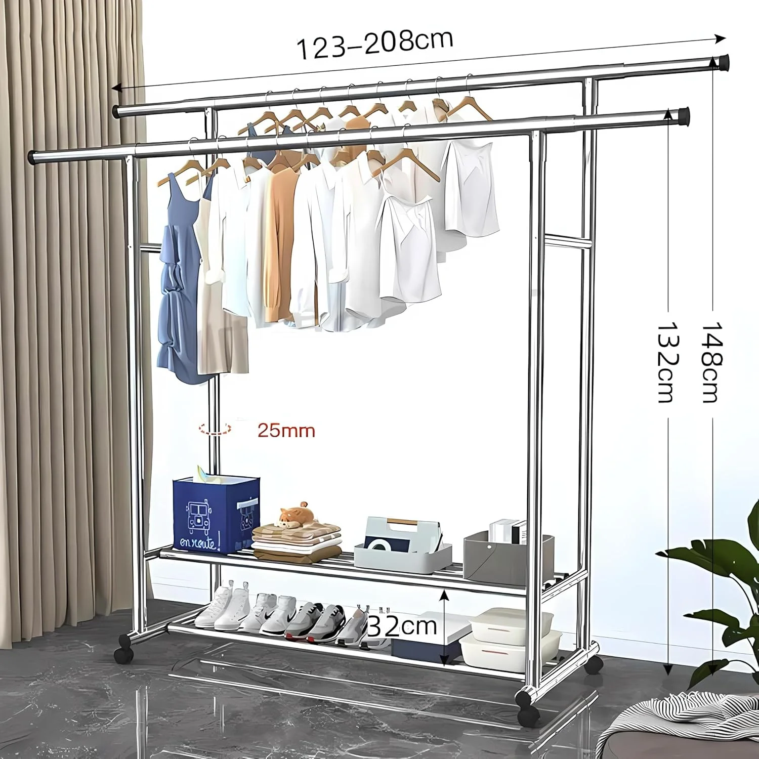 رگال لباس قابل گسترش، با چرخ، رگال آویز لباس، میله دوتایی تلسکوپی، ریل لباس چرخ دار مستقل با قفسه ذخیره سازی، نقره ای B