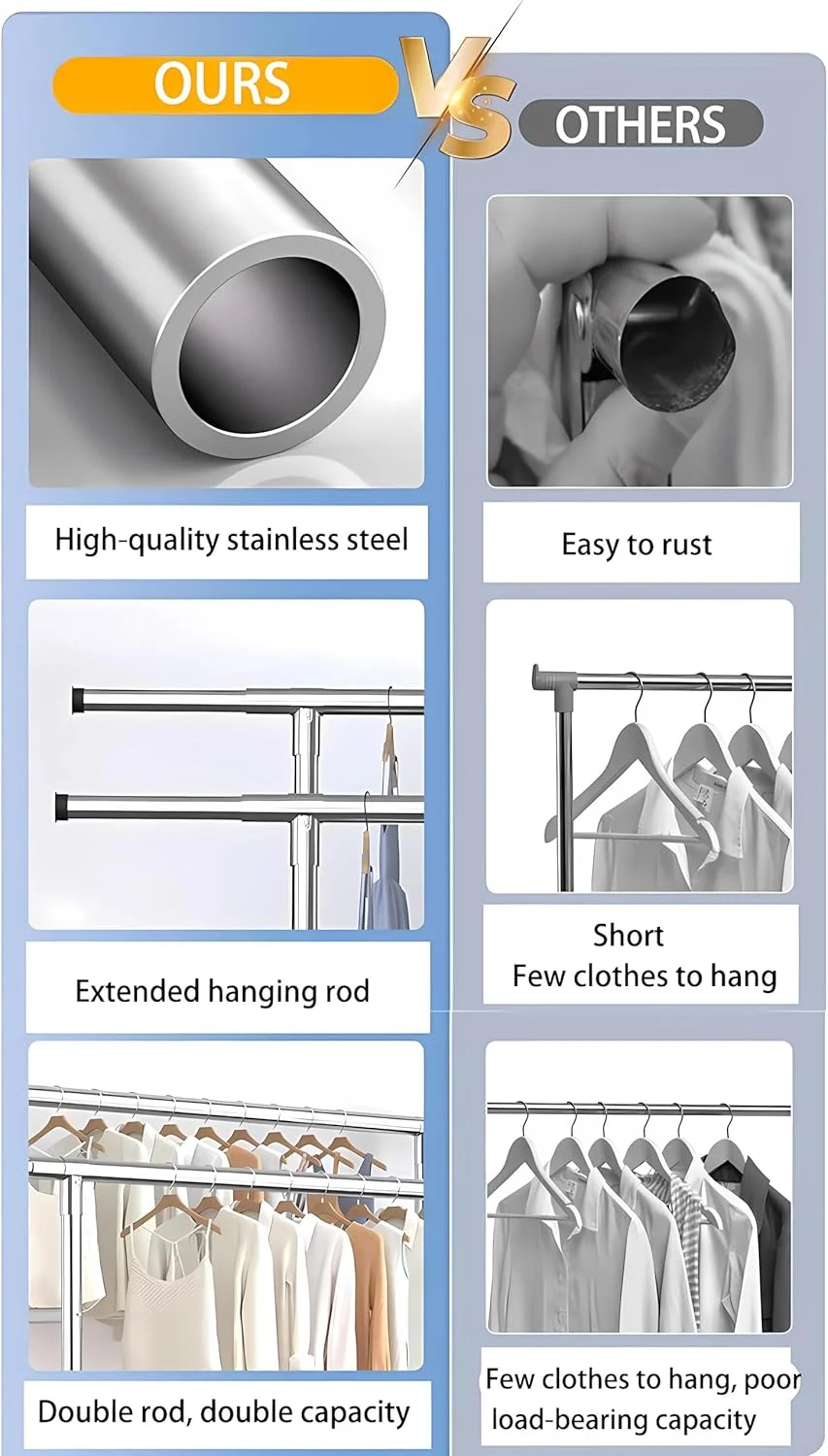 رگال لباس قابل گسترش، با چرخ، رگال آویز لباس، میله دوتایی تلسکوپی، ریل لباس چرخ دار مستقل با قفسه ذخیره سازی، نقره ای B