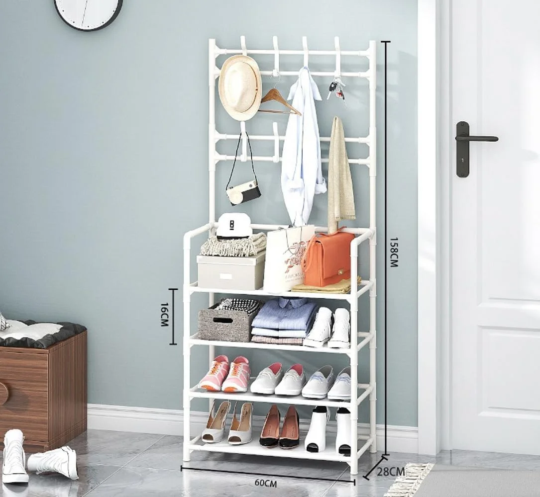 جالباسی ورودی 4 طبقه، قفسه لباس و کفش، سازمان دهنده نیمکت ورودی، سازمان دهنده جای کفش با 8 قلاب برای اتاق خواب، راهرو، دفتر کار، سفید