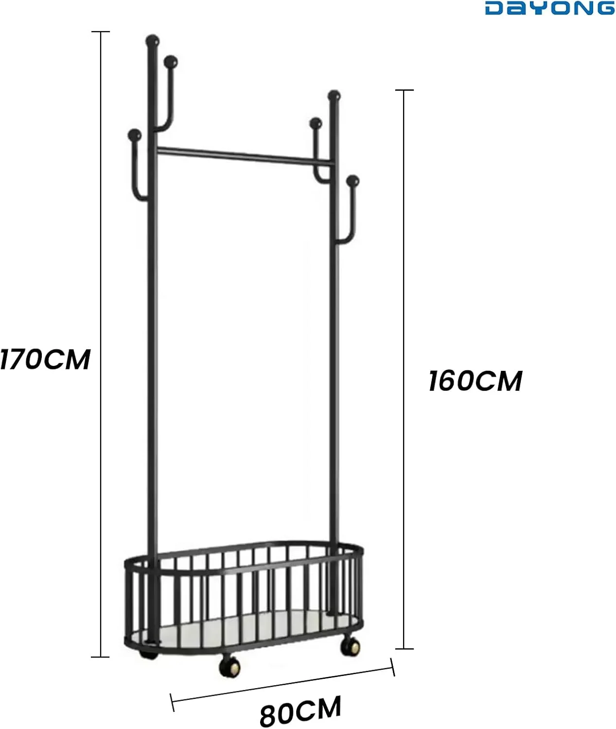 رخت آویز چند منظوره DAYONG با طول 80 سانتی متر، رخت آویز فلزی ایستاده با سبد ذخیره سازی و قلاب، مونتاژ آسان، مناسب برای آویزان کردن لباس، کیف، کلاه، شال و لوازم جانبی (مشکی)