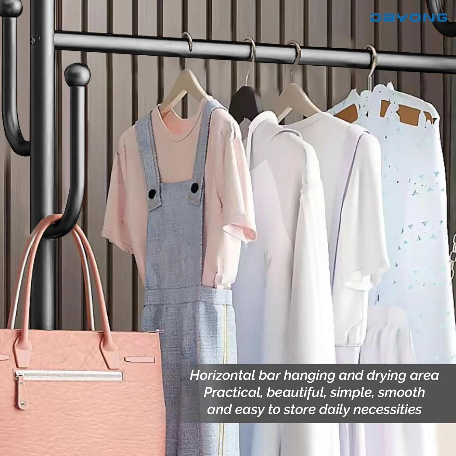 رخت آویز چند منظوره DAYONG با طول 80 سانتی متر، رخت آویز فلزی ایستاده با سبد ذخیره سازی و قلاب، مونتاژ آسان، مناسب برای آویزان کردن لباس، کیف، کلاه، شال و لوازم جانبی (مشکی)