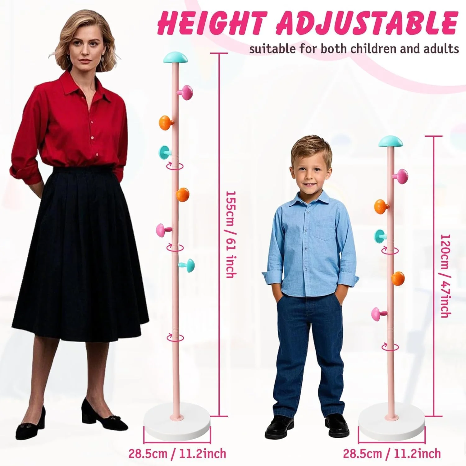 جالباسی ایستاده قارچی کودکانه با ۶ آویز و پایه تزریق آب، جالباسی با ارتفاع قابل تنظیم برای آویزان کردن لباس