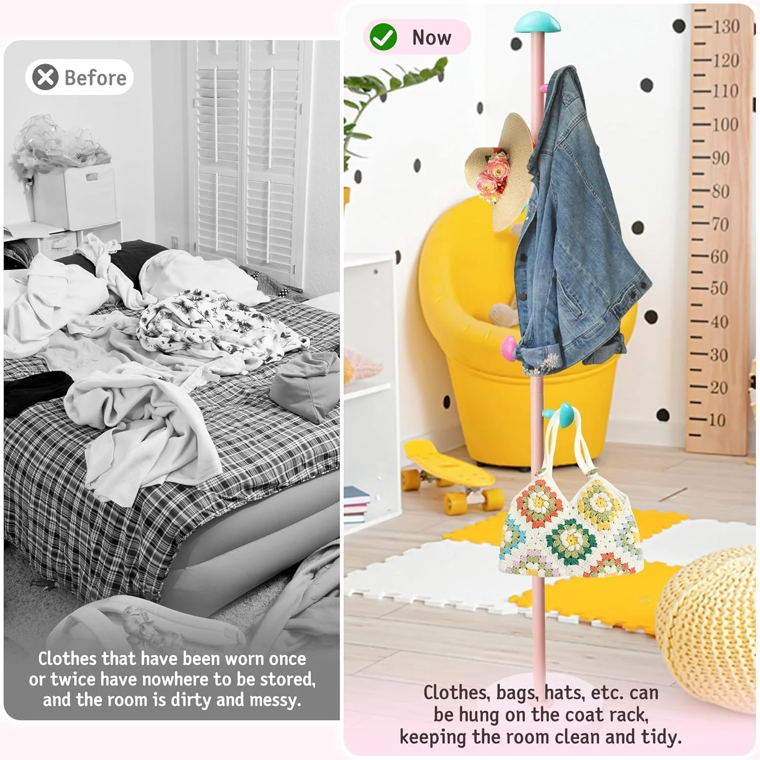 جالباسی ایستاده قارچی کودکانه با ۶ آویز و پایه تزریق آب، جالباسی با ارتفاع قابل تنظیم برای آویزان کردن لباس