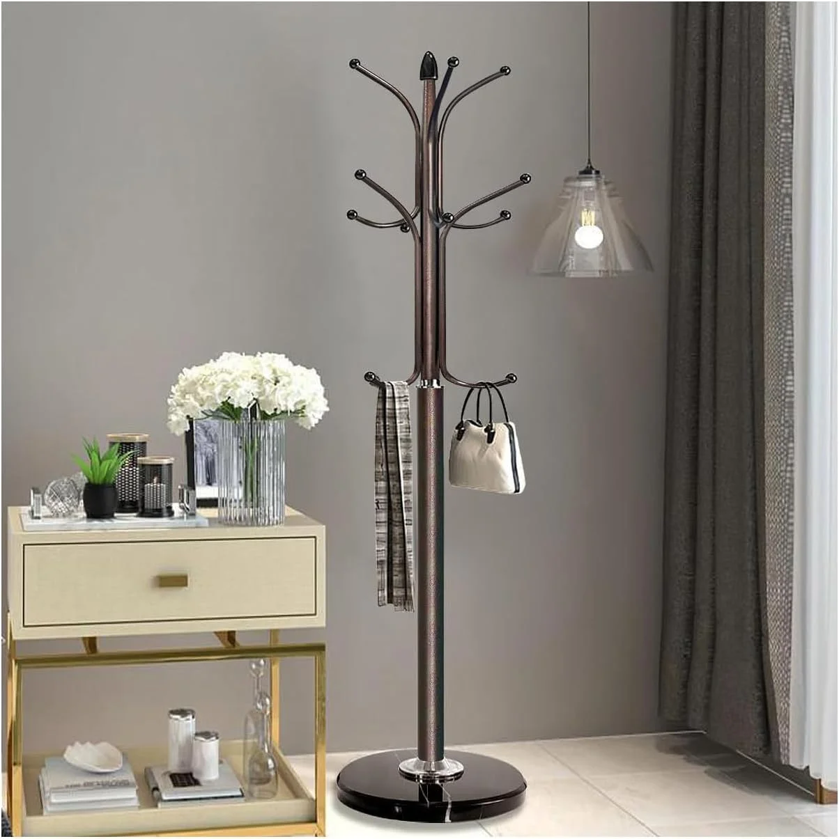 جالباسی فلزی ایستاده، آویز لباس با ۱۲ قلاب برای آویزان کردن شال، کیف، ژاکت، سازمان دهنده آویز کلاه ورودی منزل (قهوه ای)