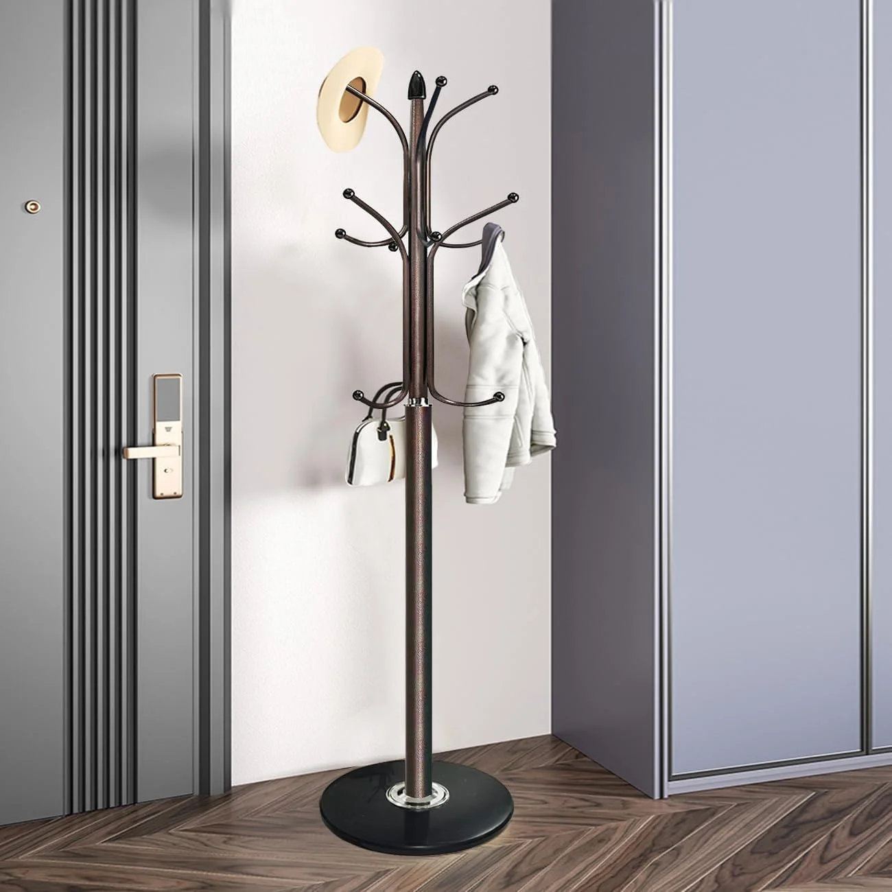 جالباسی فلزی ایستاده، آویز لباس با ۱۲ قلاب برای آویزان کردن شال، کیف، ژاکت، سازمان دهنده آویز کلاه ورودی منزل (قهوه ای) جالباسی فلزی ایستاده، آویز لباس با ۱۲ قلاب برای آویزان کردن شال، کیف، ژاکت، سازمان دهنده آویز کلاه ورودی منزل (قهوه ای)