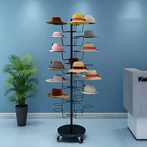 استند کلاه ۷ طبقه، استند فلزی نمایش کلاه با ۴ چرخ، قفسه ذخیره سازی با ظرفیت بالا مناسب منزل، خرده فروشی و استفاده تجاری، دارای ۳۵ قلاب گنبدی، نگهدارنده پایدار کلاه گیس و کلاه کاسکت