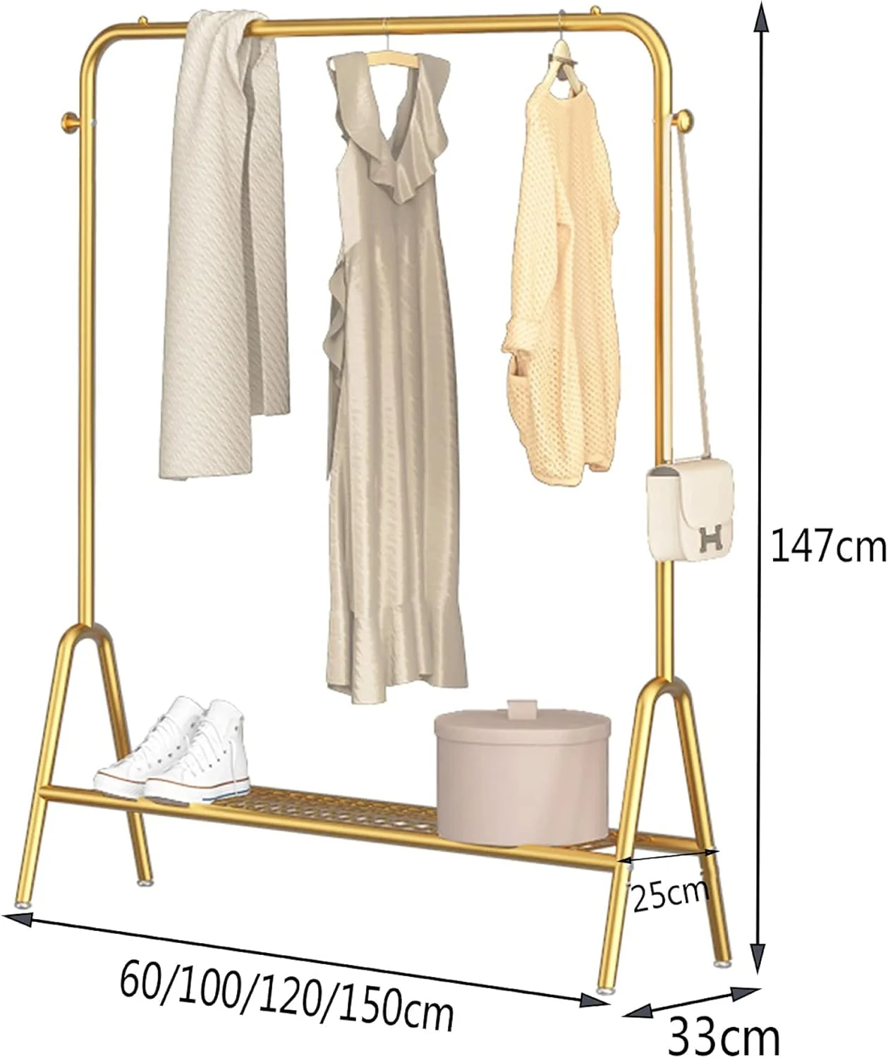 ریل لباس سنگین، رخت آویز تک میله ای ایستاده از جنس آهن فرفورژه، با 2 قلاب و قفسه زیرین، رخت آویز اتاق خواب، طلایی، 60 سانتی متر ریل لباس سنگین، رخت آویز تک میله ای ایستاده از جنس آهن فرفورژه، با 2 قلاب و قفسه زیرین، رخت آویز اتاق خواب، طلایی، 60 سانتی متر