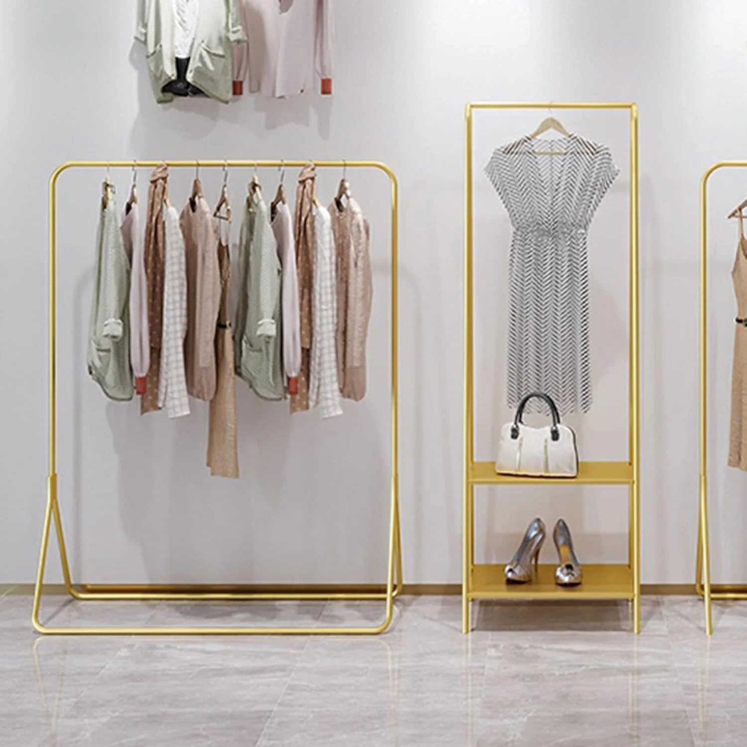 آویز لباس سنگین، استند نمایش لباس، رخت آویز اتاق خواب، استند فروشگاهی لباس، رخت آویز فلزی، طلایی، 150 سانتی متر