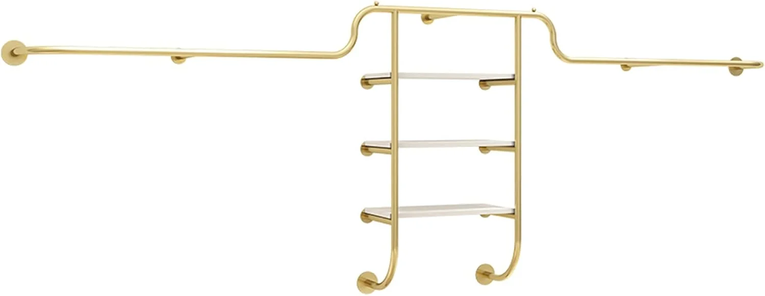 آویز لباس دیواری، ریل لباس صنعتی استوانه‌ای، قفسه سه طبقه، قفسه نمایش لباس جداشدنی، صرفه جویی در فضا، طلایی، 250 سانتی متر