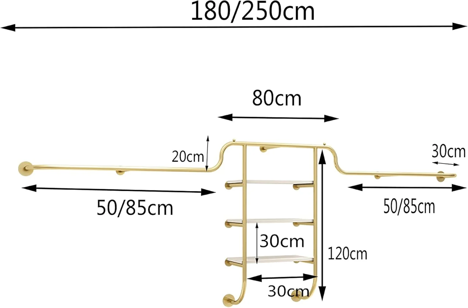 آویز لباس دیواری، ریل لباس صنعتی استوانه‌ای، قفسه سه طبقه، قفسه نمایش لباس جداشدنی، صرفه جویی در فضا، طلایی، 250 سانتی متر