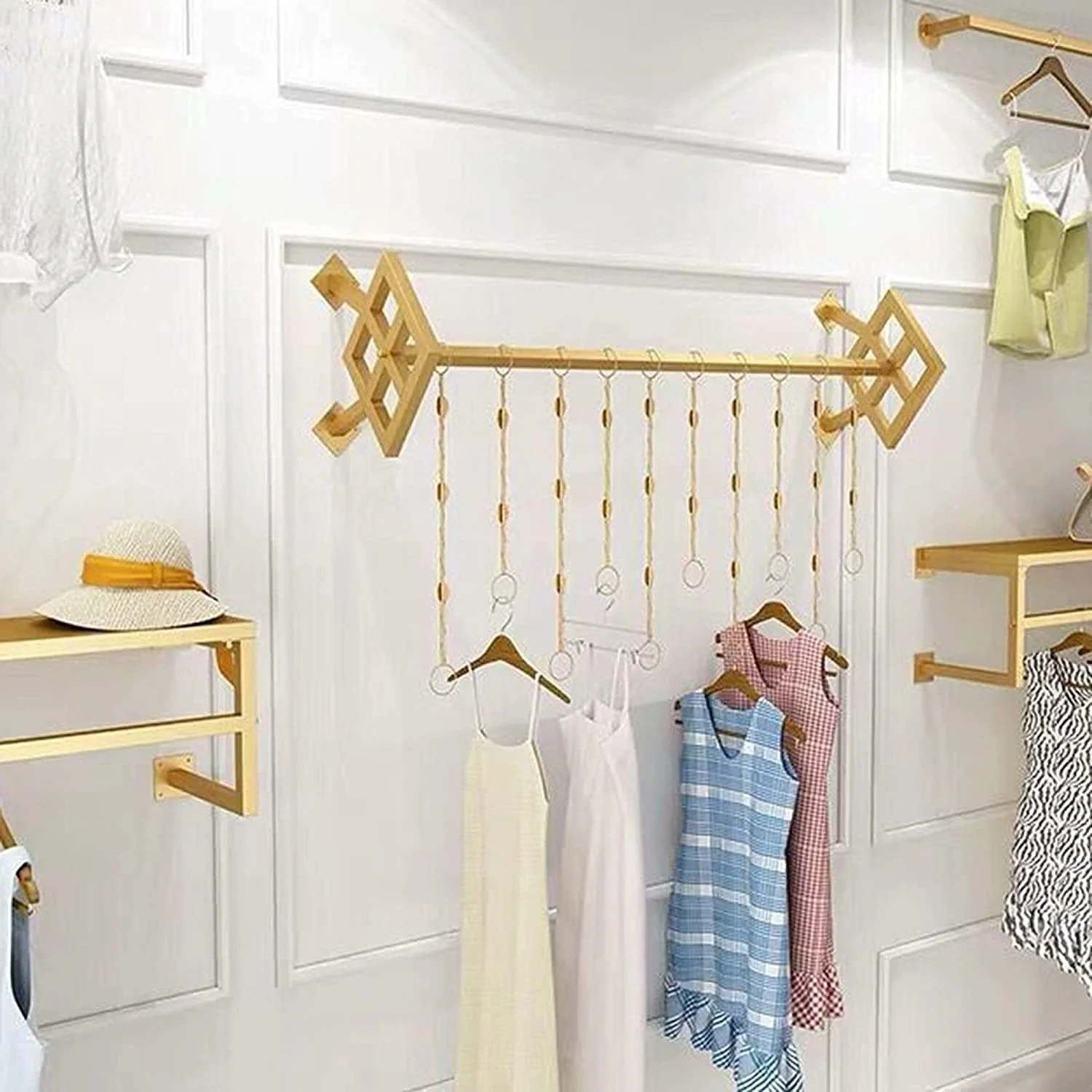 ریل لباس دیواری، رخت آویز فلزی یکپارچه، رخت آویز طرح صنعتی، طلایی، 120 سانتی متر