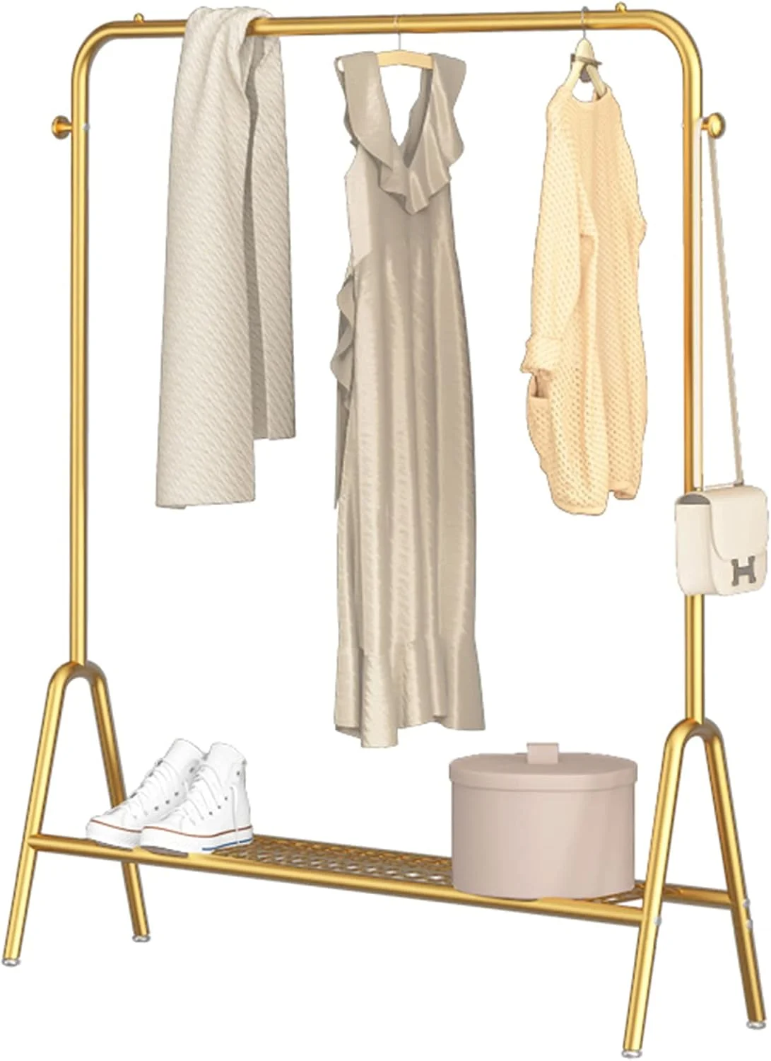 ریل لباس سنگین، رخت آویز تک میله ای ایستاده از جنس آهن فرفورژه، با 2 قلاب و قفسه پایین، رخت آویز اتاق خواب، طلایی، 60 سانتی متر