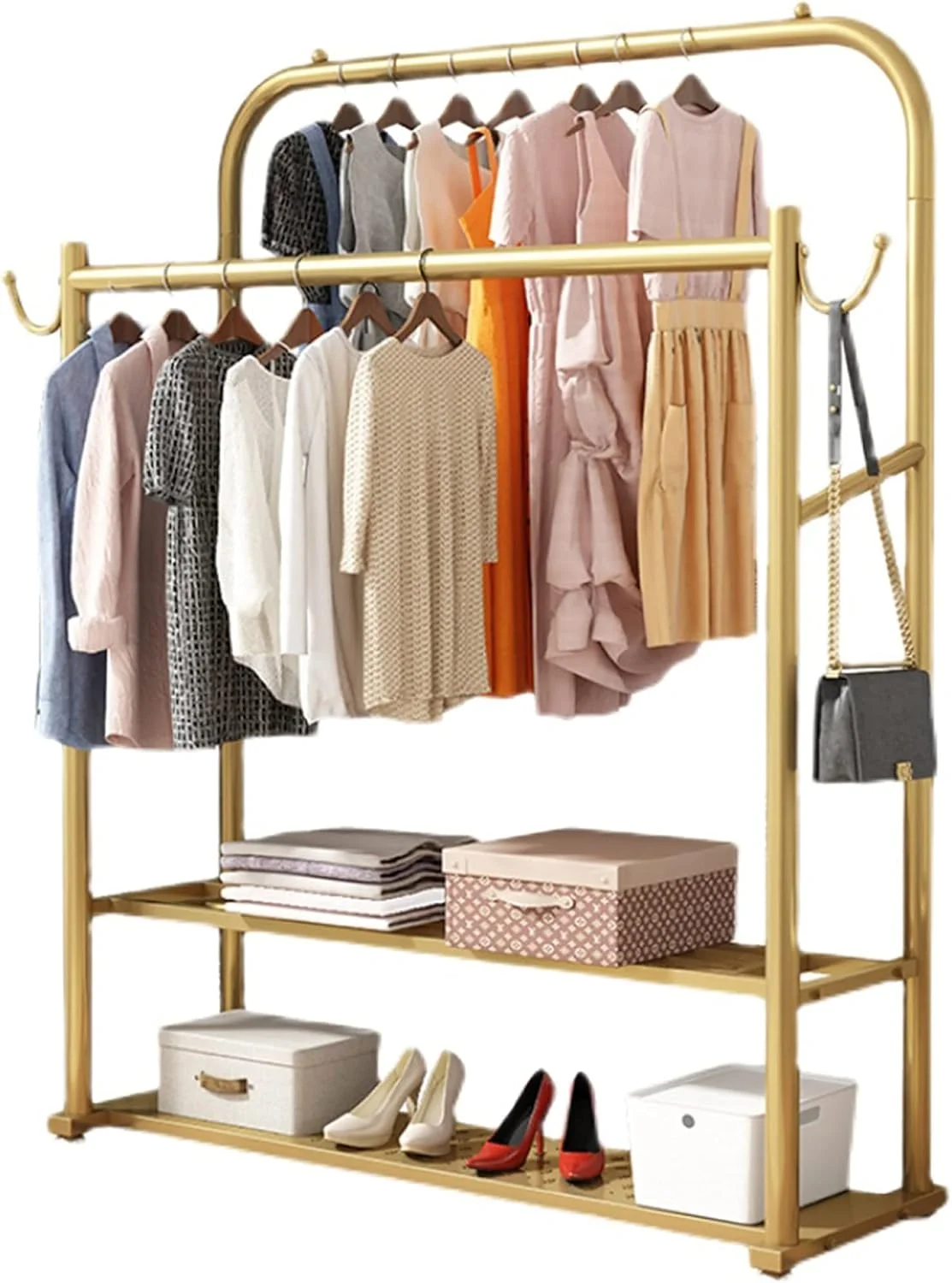 ریل لباس سنگین، استند نمایش لباس، رک نمایش لباس دو مسیره، با طبقات دو لایه و قلاب های جداشدنی، رخت آویز چند منظوره، طلایی، 150 سانتی متر
