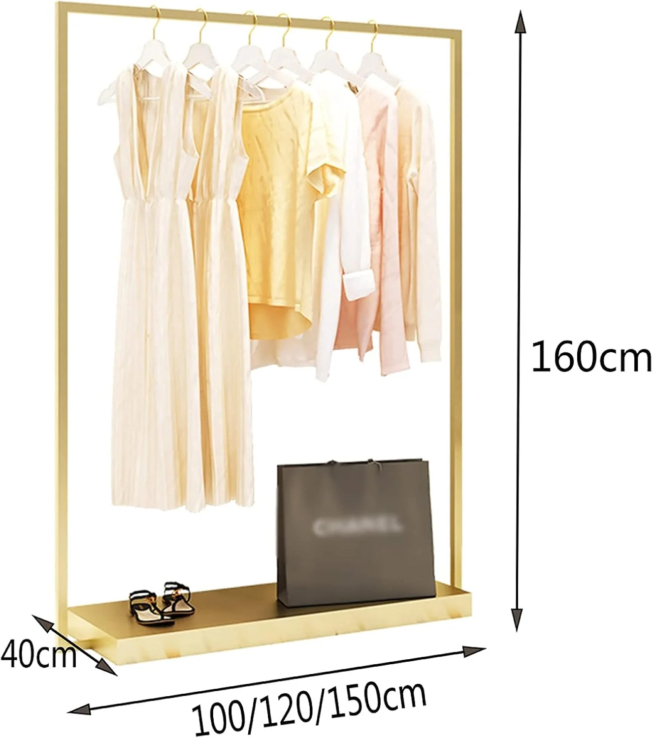 رگال لباس ایستاده فلزی، مناسب برای نگهداری لباس، کیف و کفش - طلایی - ارتفاع 150 سانتی متر