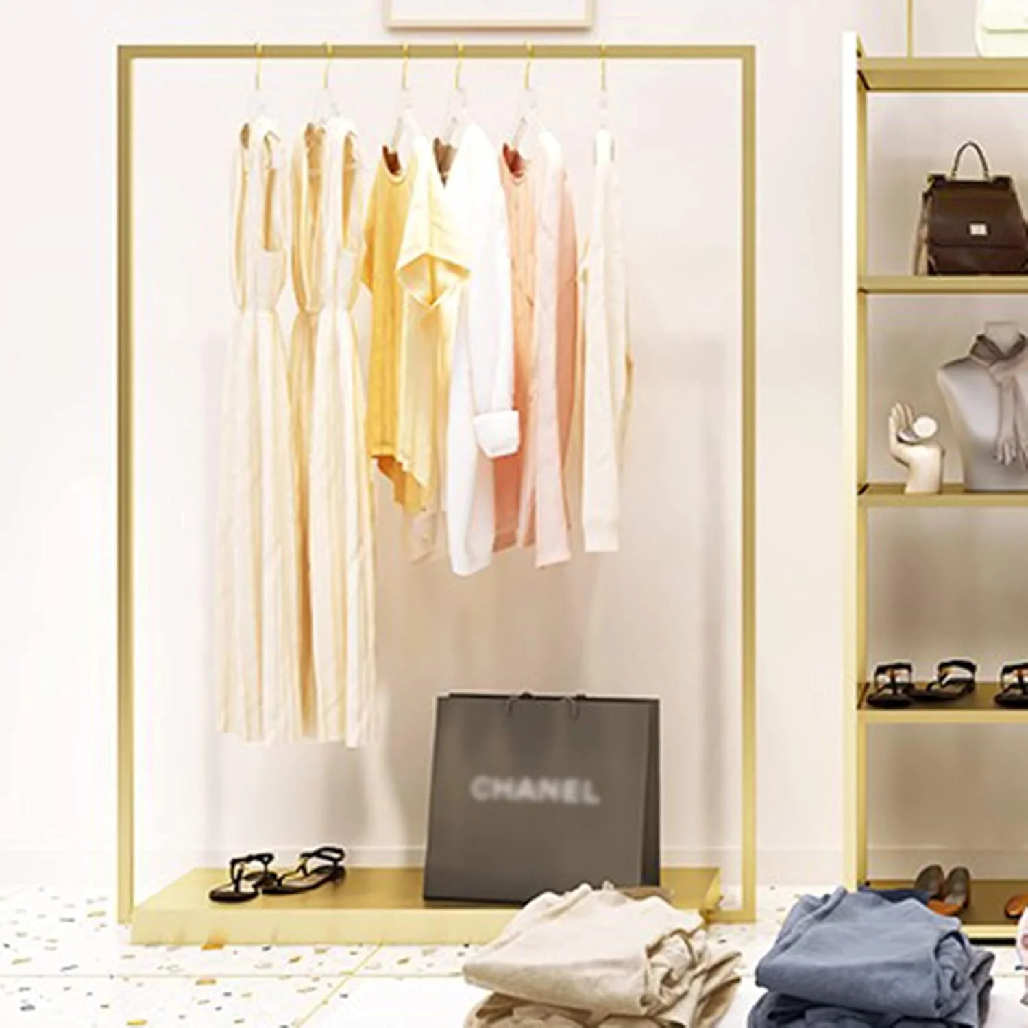 رگال لباس ایستاده فلزی، مناسب برای نگهداری لباس، کیف و کفش - طلایی - ارتفاع 150 سانتی متر