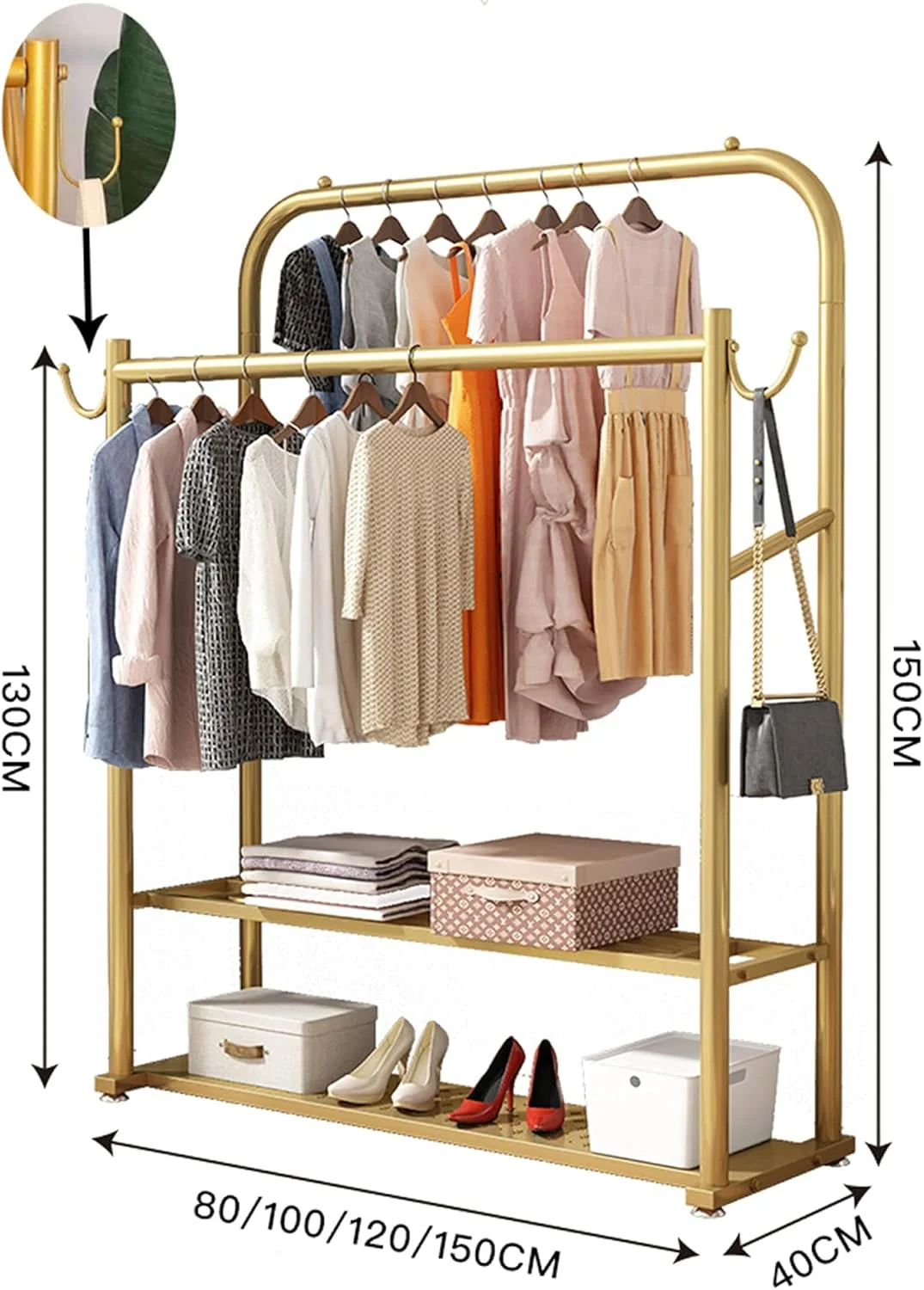 ریل لباس سنگین، استند نمایش لباس، رک نمایش لباس دو مسیره، با طبقات دو لایه و قلاب های جداشدنی، جالباسی چند منظوره، طلایی، 150 سانتی متر