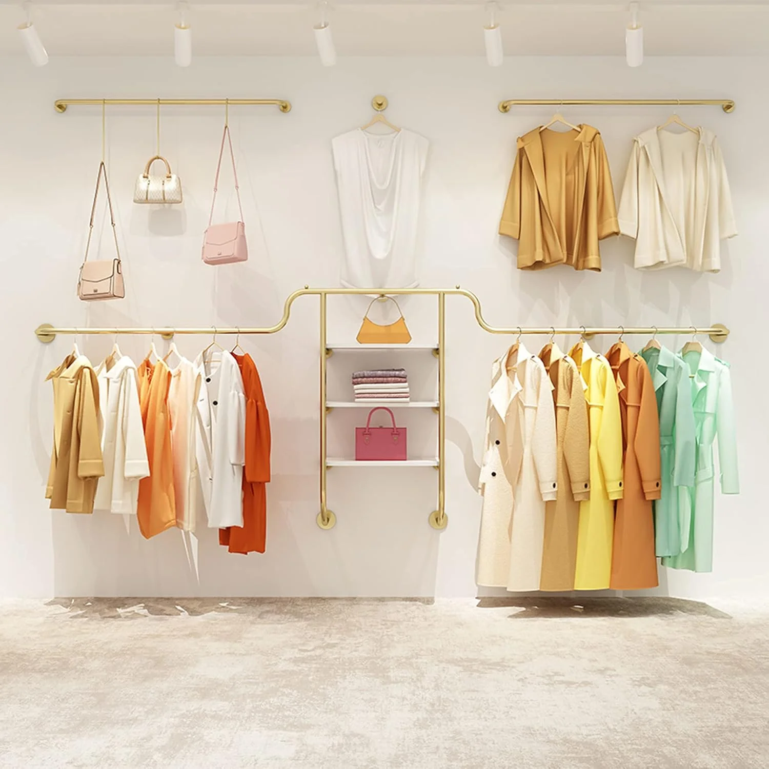 رگال لباس دیواری، رگال خشک کن استوانه ای صنعتی تجاری، قفسه سه لایه، رگال نمایش لباس جداشدنی، صرفه جویی در فضا، طلایی، 250 سانتی متر