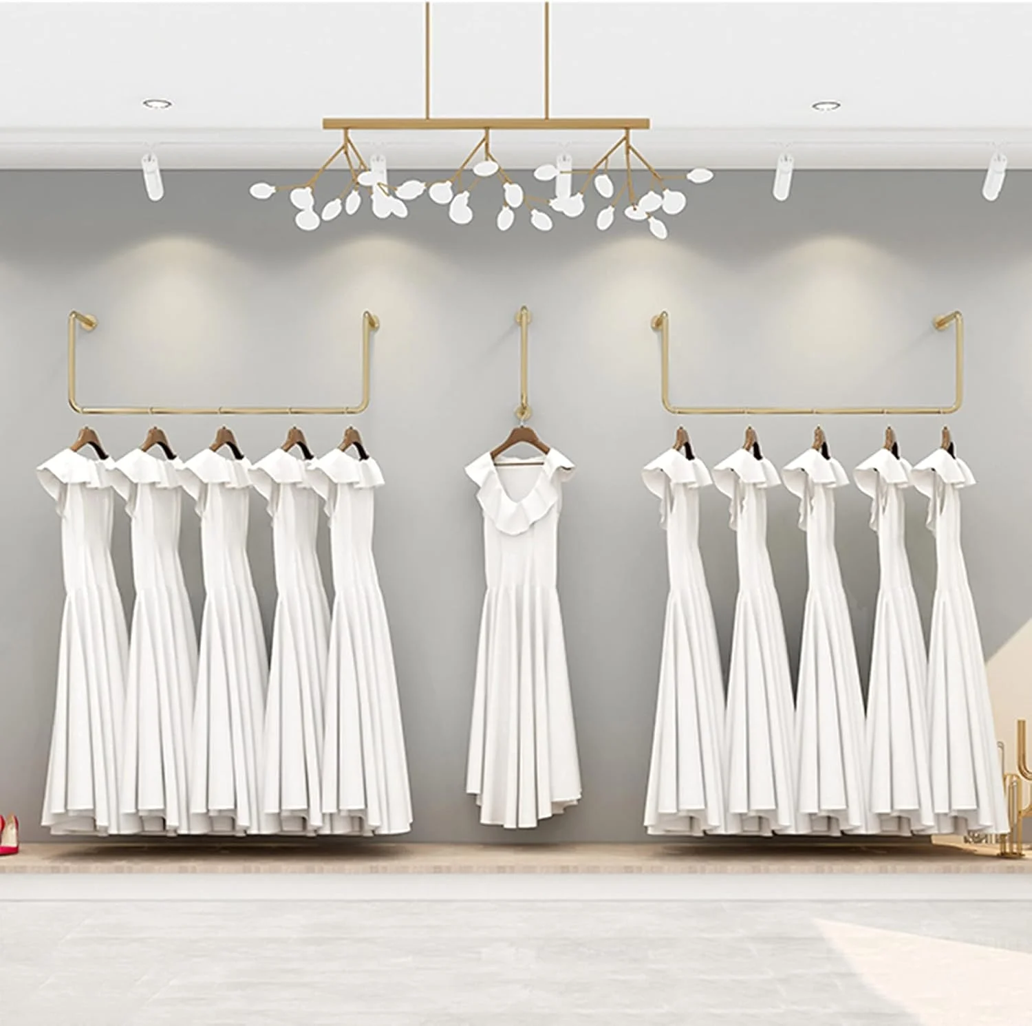 ریل لباس دیواری، رخت آویز طرح صنعتی، قفسه جداشدنی برای فروشگاه لباس، قفسه خشک کن، طلایی، 150 سانتی متر