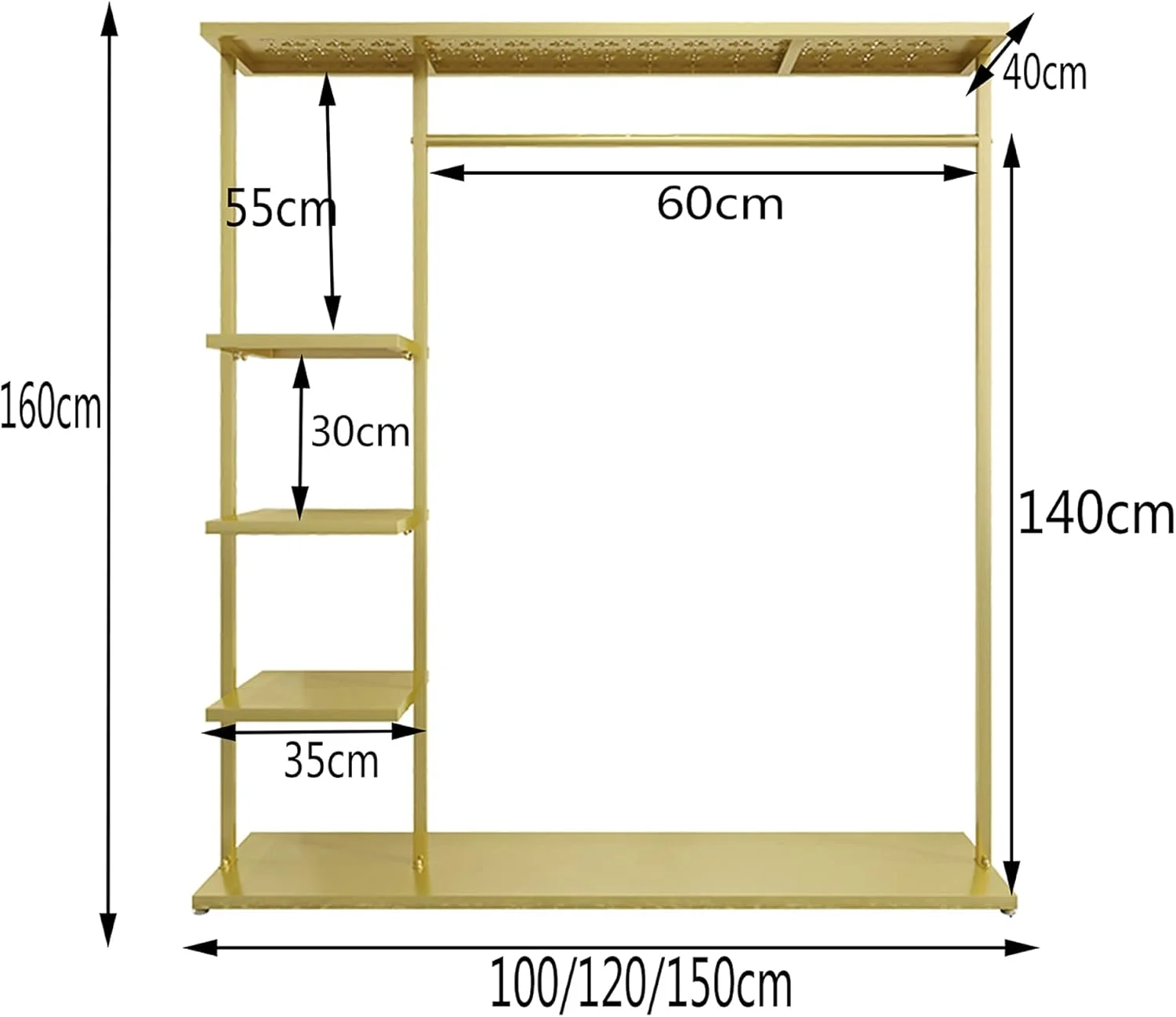 رگال لباس سنگین، رگال لباس مقاوم، رگال نمایشگاهی فروشگاهی، رگال لباس اتاق خواب، قفسه خشک کن 5 طبقه / طلایی / 100 سانتی متر