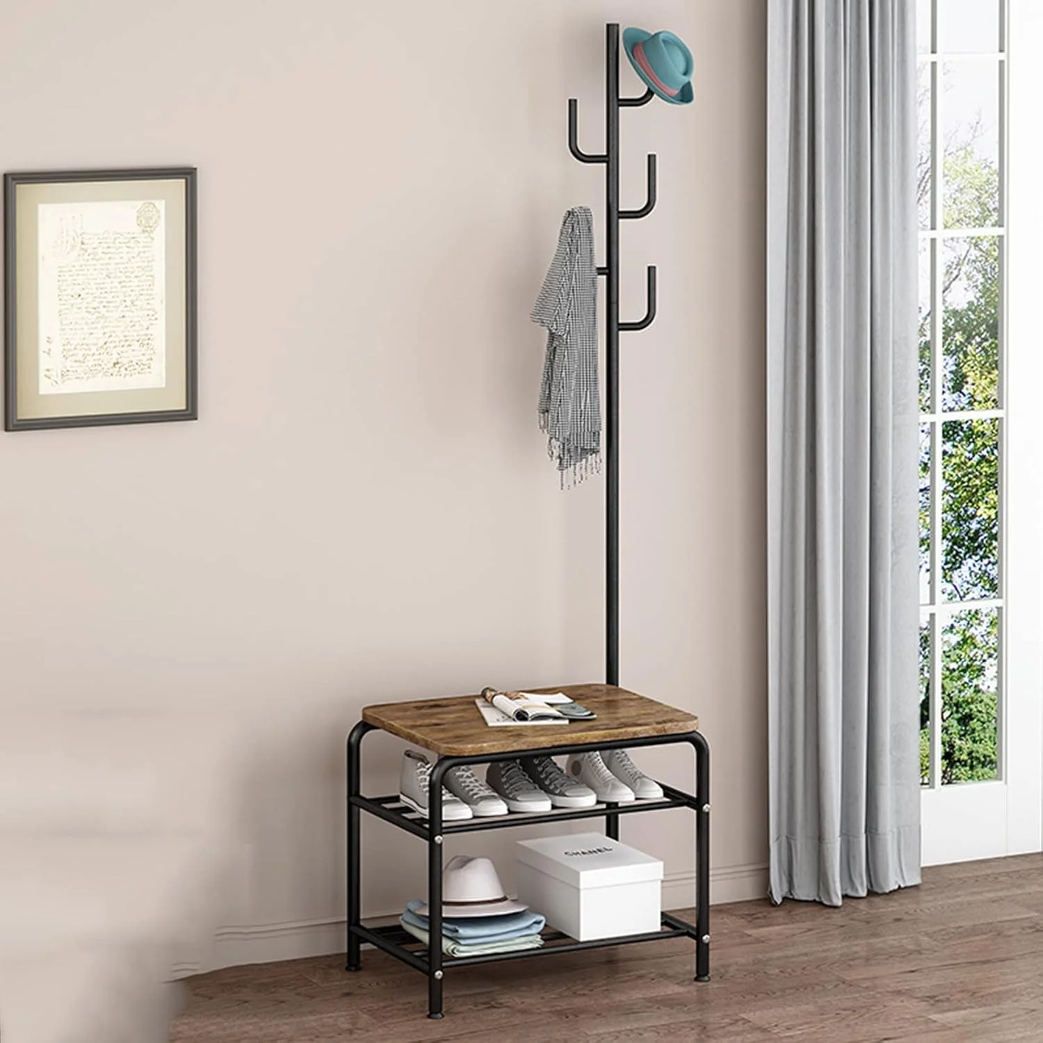 جالباسی ایستاده با نیمکت و قفسه کفش، طراحی 3 در 1، مناسب ورودی اتاق خواب، اداره و راهرو