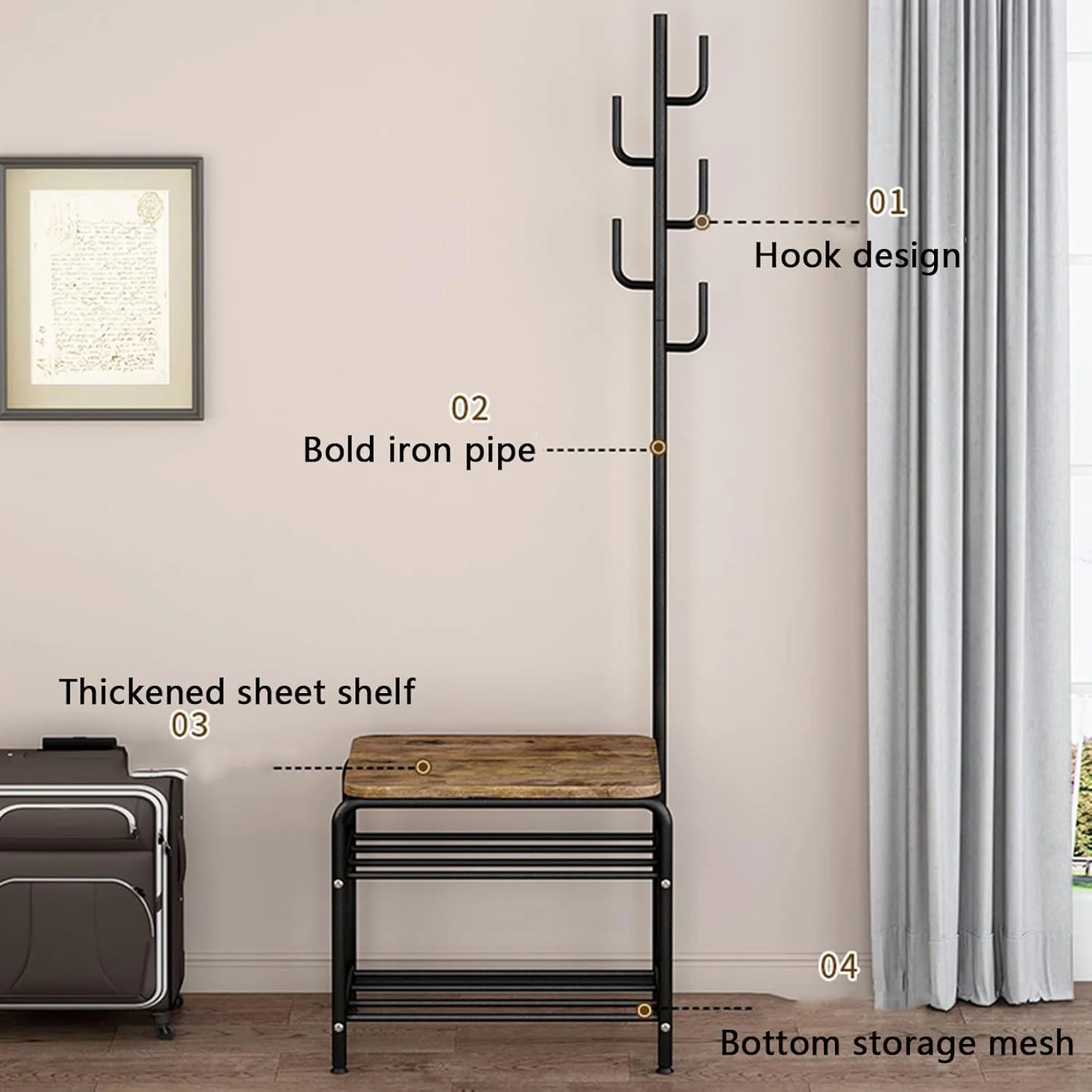 جالباسی ایستاده با نیمکت و قفسه کفش، طراحی 3 در 1، مناسب ورودی اتاق خواب، اداره و راهرو