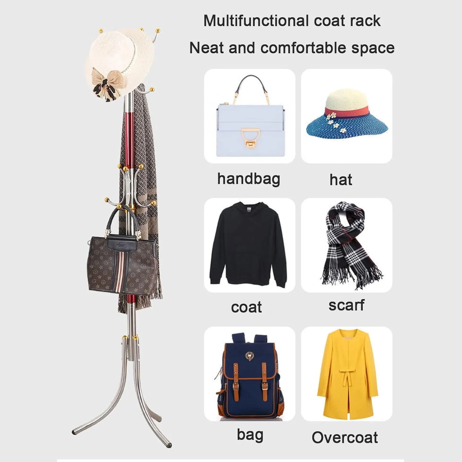 چوب لباسی ایستاده، چوب لباسی استیل ضد زنگ با 16 آویز، آویز لباس برای کت، پوشاک، کلاه، چتر، شال گردن در راهرو، ورودی