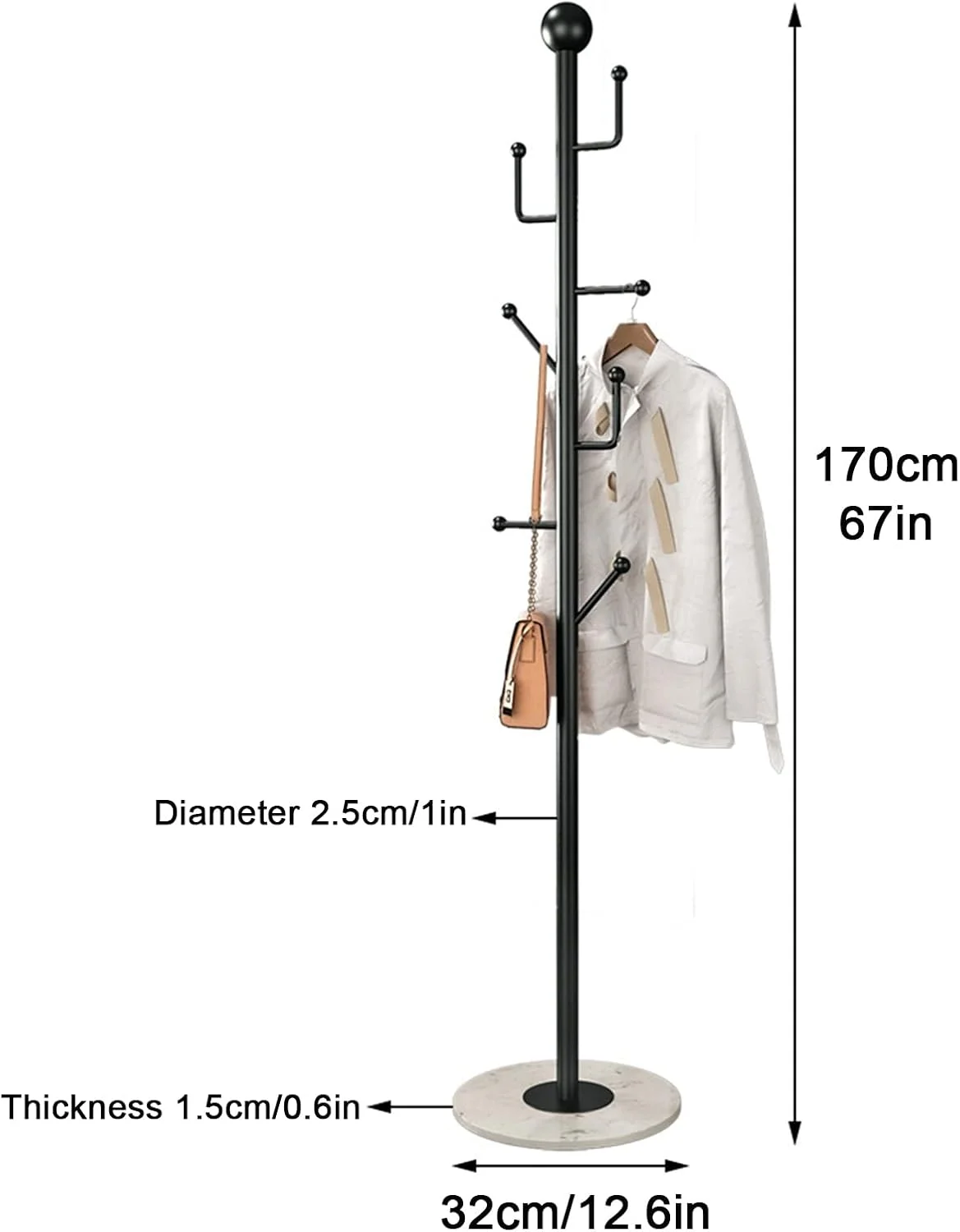 رخت آویز فلزی مدرن 170 سانتی متری با پایه مرمر پایدار، رخت آویز ایستاده فلزی و آویز کلاه با 7 قلاب