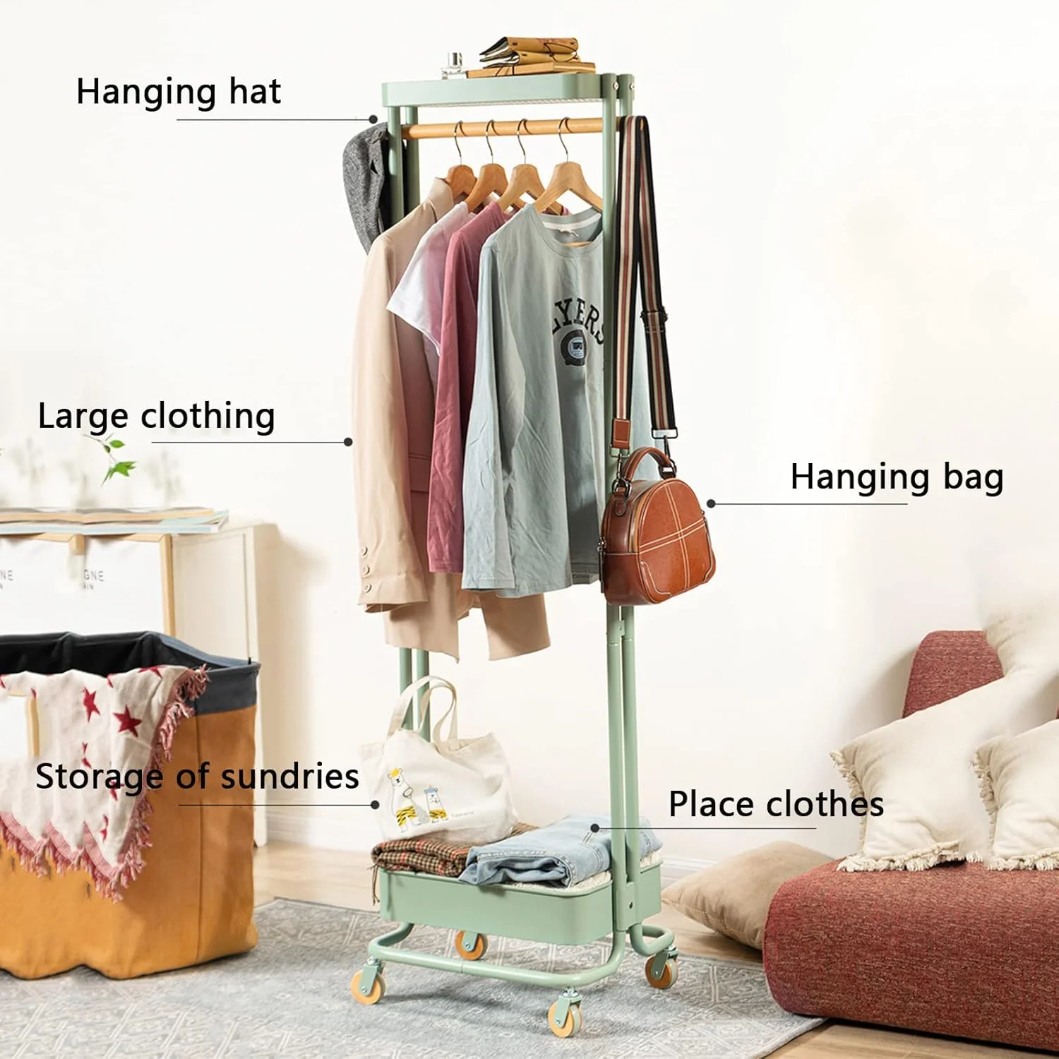 رخت آویز ایستاده چند منظوره، سازمان دهنده ورودی منزل 3 در 1، دارای میله آویز، قلاب، چرخ و آویزهای ایستاده