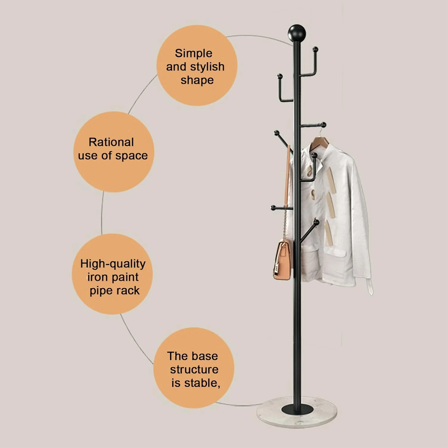 رخت آویز فلزی مدرن 170 سانتی متری با پایه مرمر پایدار، رخت آویز ایستاده فلزی و آویز کلاه با 7 قلاب